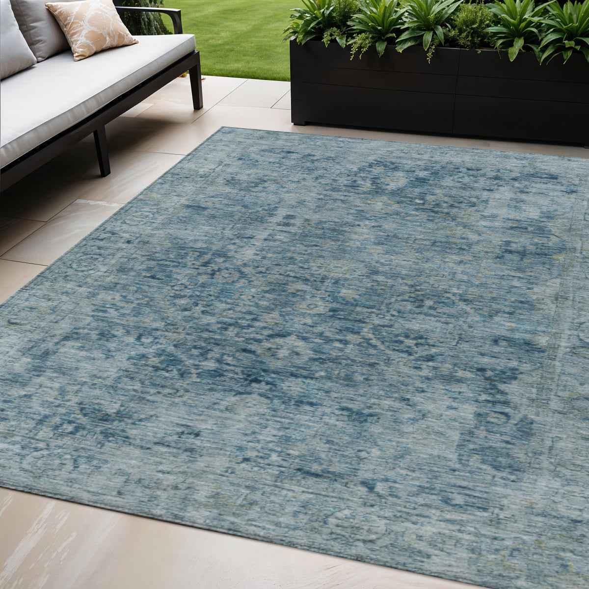 5' X 8' Blue And Gray Abstract Washable Indoor Outdoor Area Rug