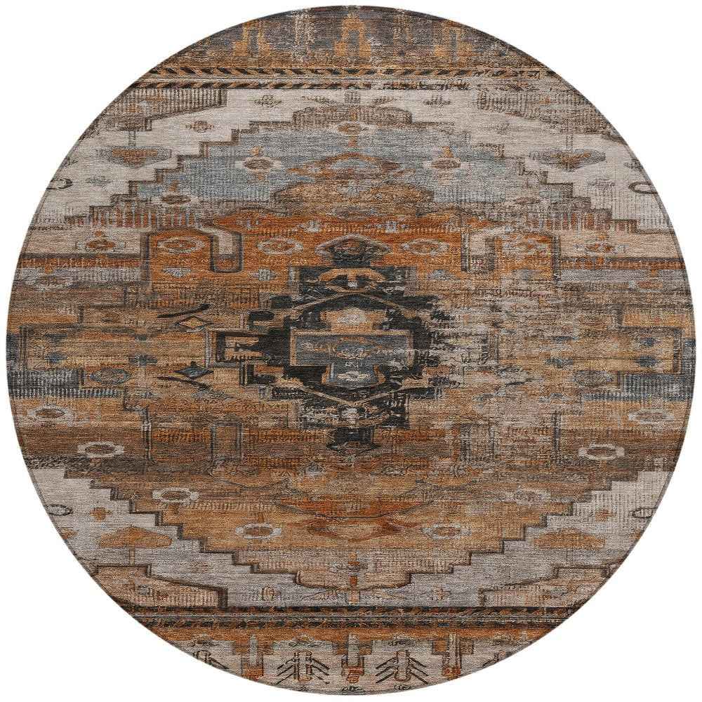 8' Terra Cotta Rust And Gray Round Tribal Washable Indoor Outdoor Area Rug