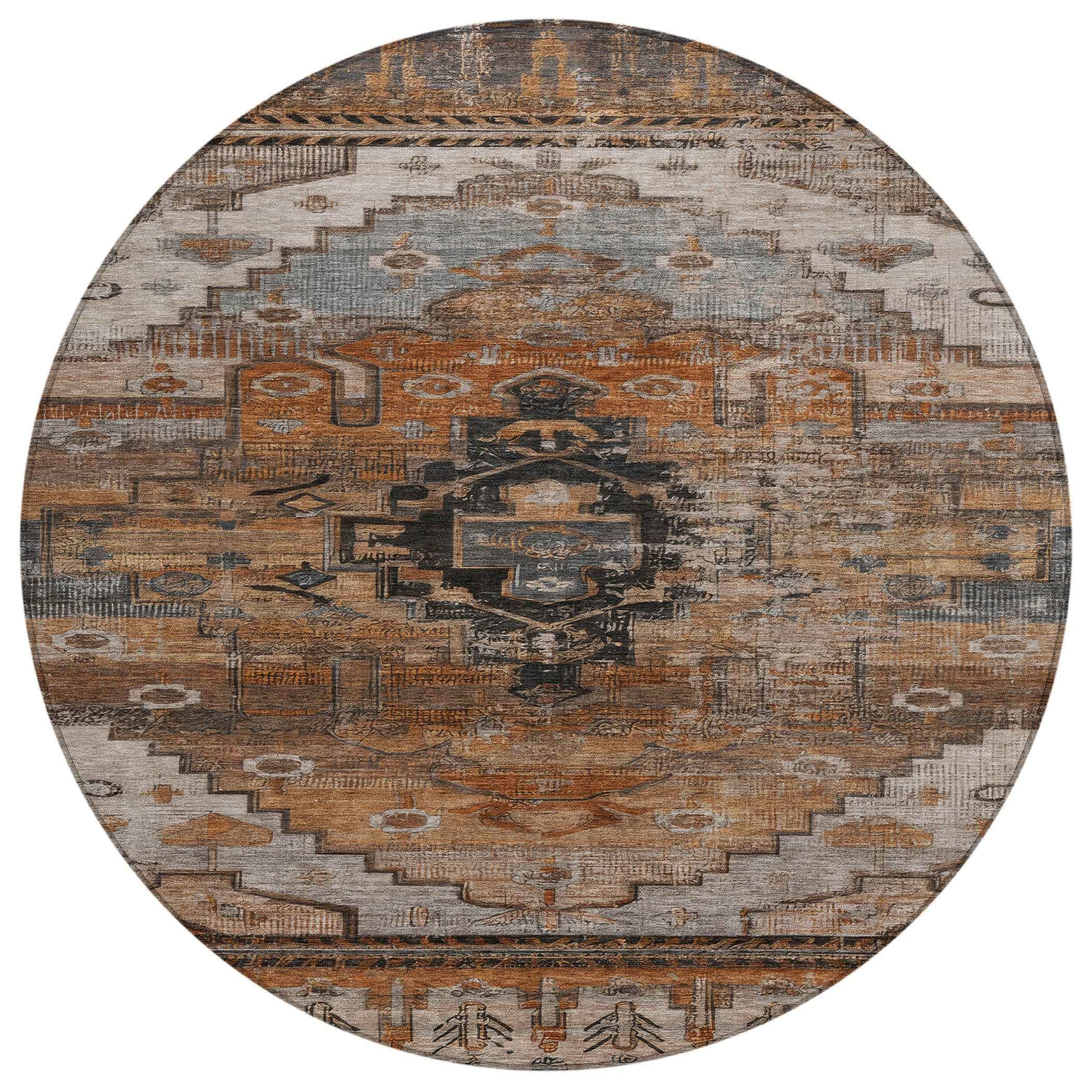 8' Terra Cotta Rust And Gray Round Tribal Washable Indoor Outdoor Area Rug