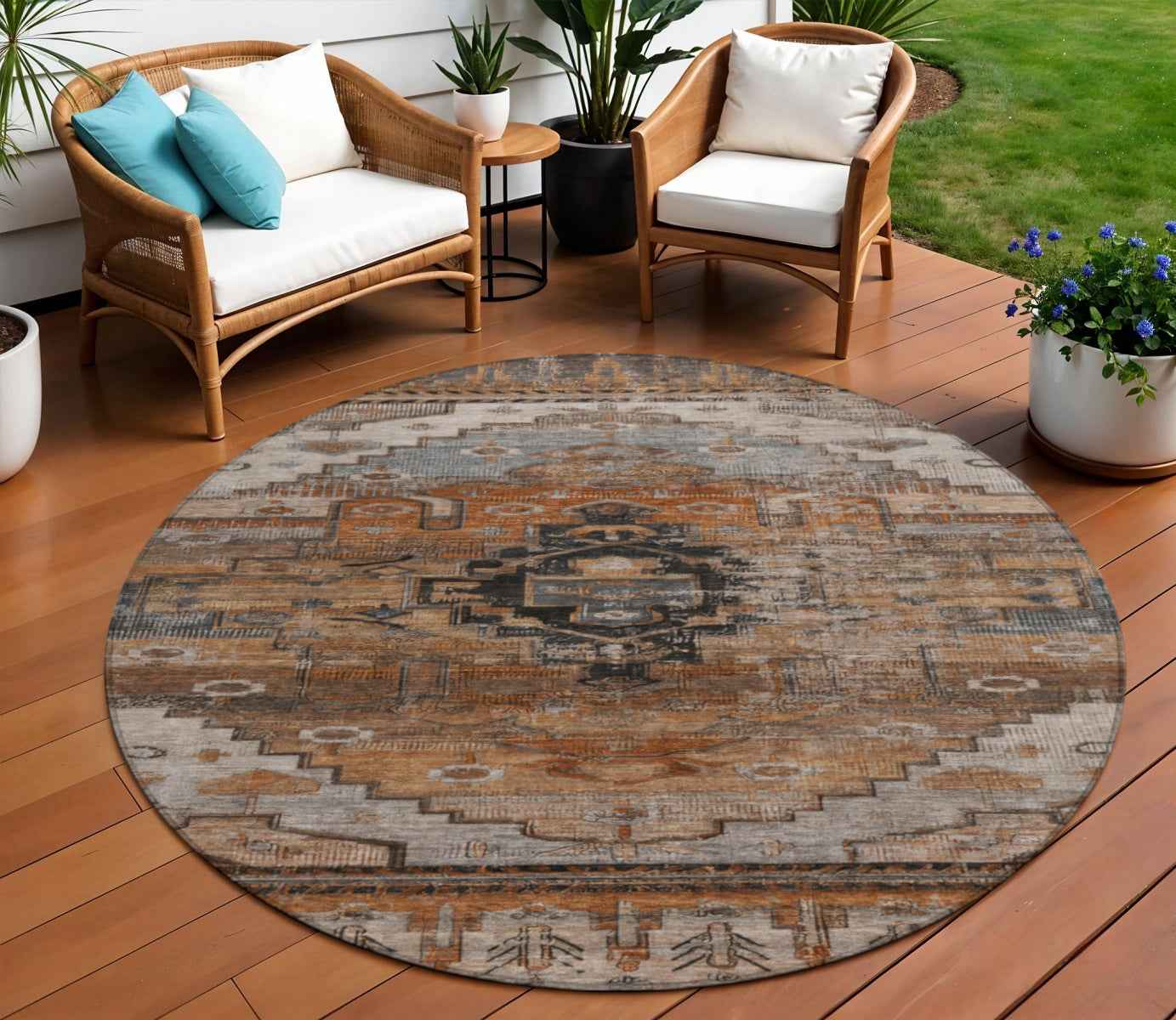8' Terra Cotta Rust And Gray Round Tribal Washable Indoor Outdoor Area Rug