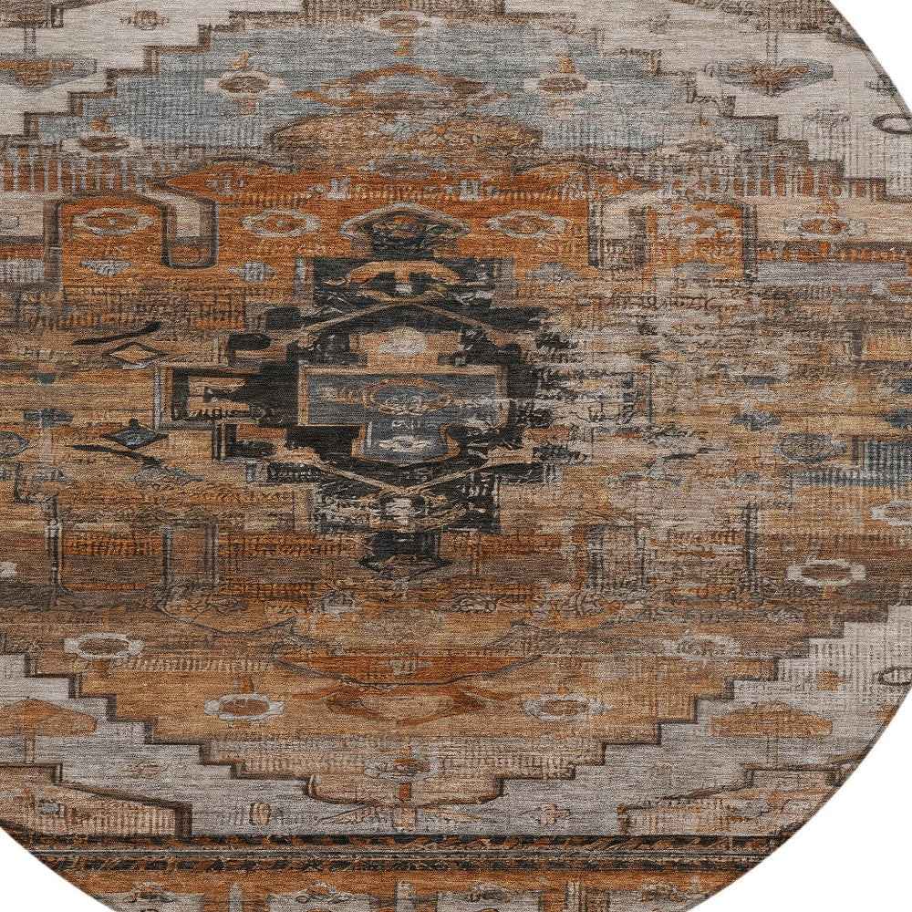 8' Terra Cotta Rust And Gray Round Tribal Washable Indoor Outdoor Area Rug