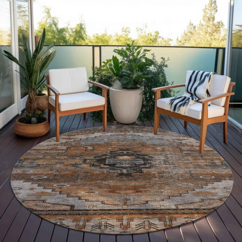 8' Terra Cotta Rust And Gray Round Tribal Washable Indoor Outdoor Area Rug