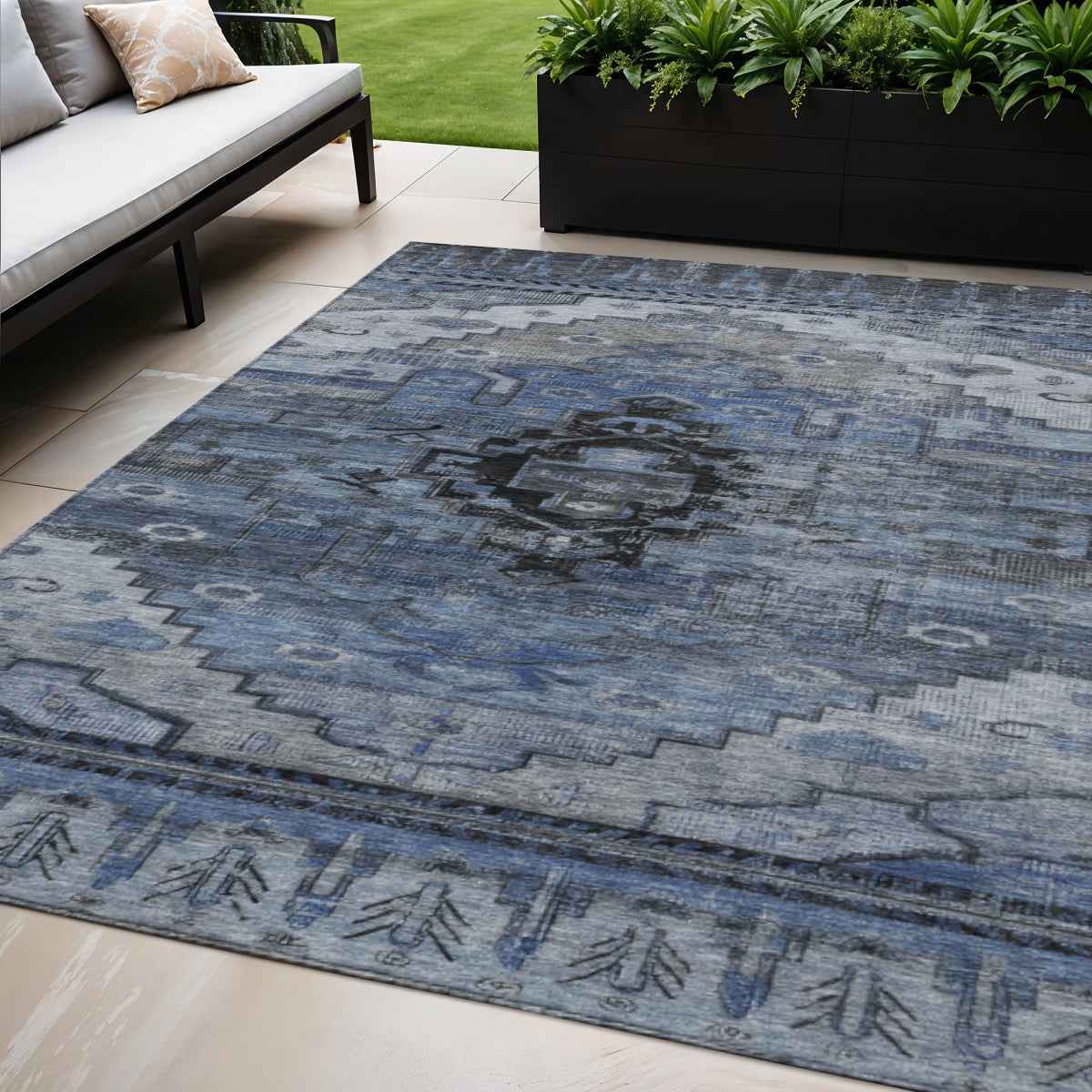 5' X 8' Blue Ivory And Gray Tribal Washable Indoor Outdoor Area Rug