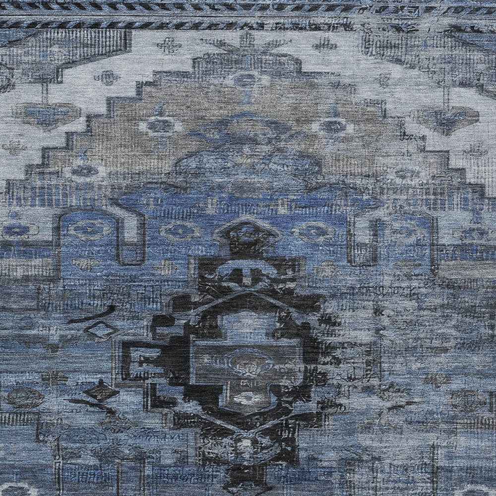 5' X 8' Blue Ivory And Gray Tribal Washable Indoor Outdoor Area Rug