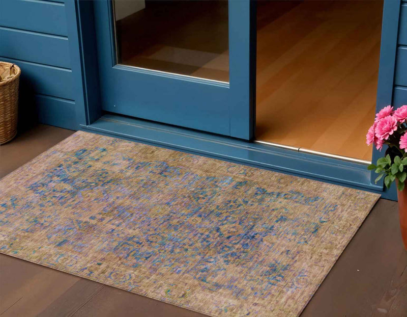 3' X 5' Navy Blue And Gold Abstract Washable Indoor Outdoor Area Rug