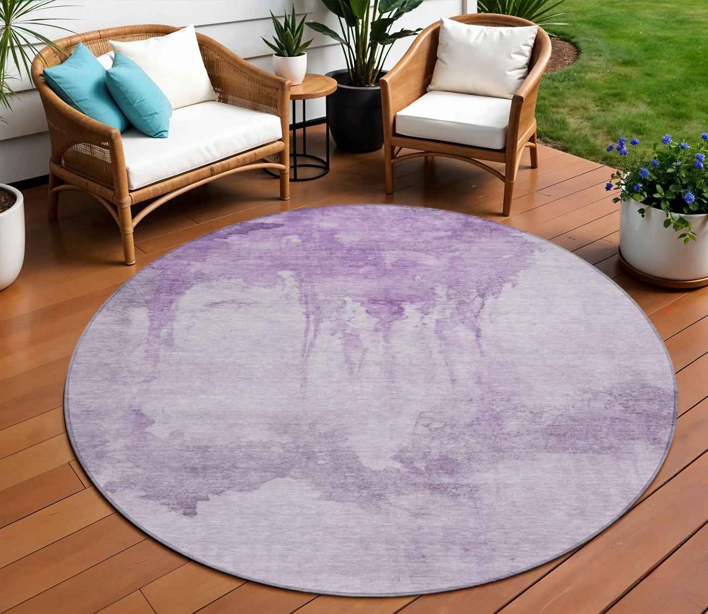 8' Lavender And Lilac Round Abstract Washable Indoor Outdoor Area Rug
