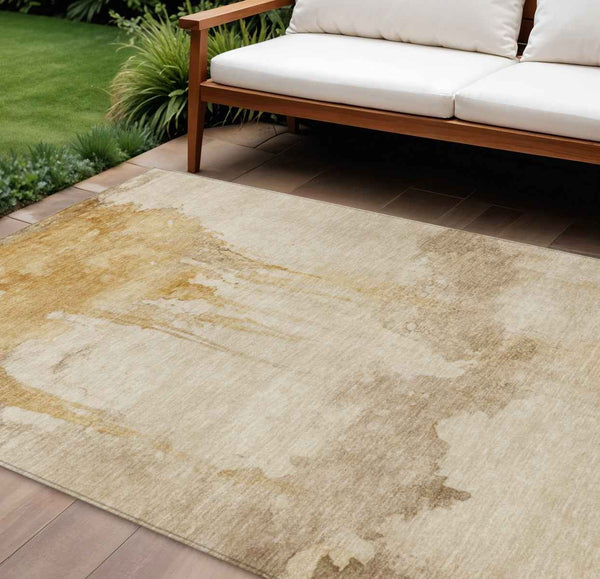 9' X 12' Gold And Beige Abstract Washable Indoor Outdoor Area Rug