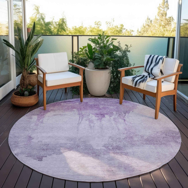 8' Lavender And Lilac Round Abstract Washable Indoor Outdoor Area Rug