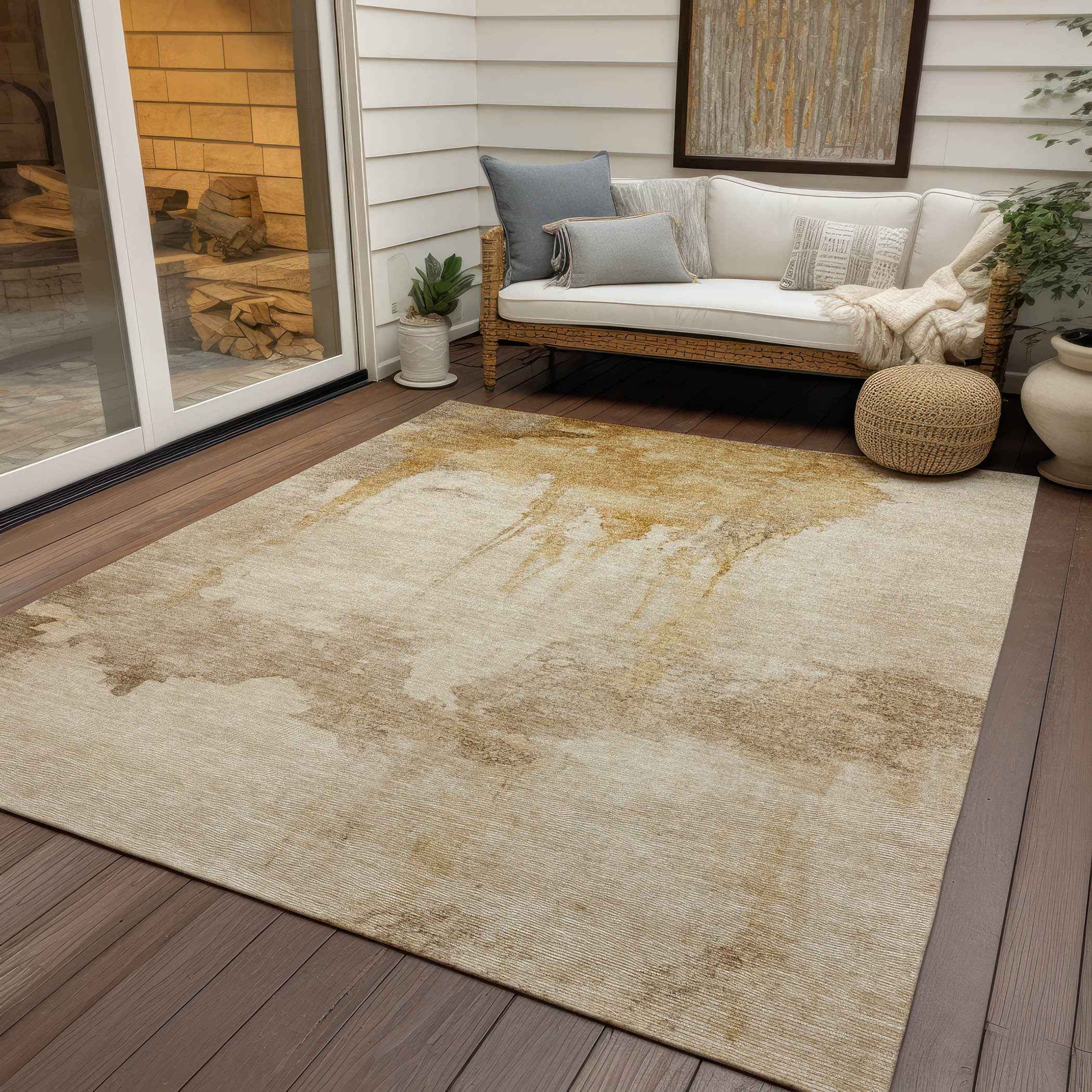 9' X 12' Gold And Beige Abstract Washable Indoor Outdoor Area Rug