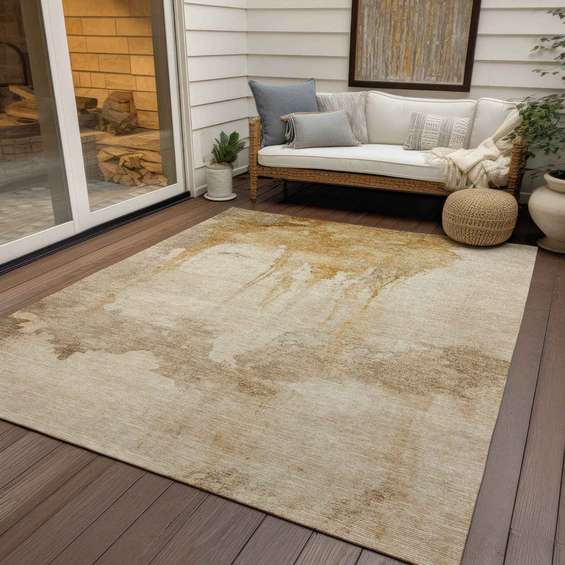 9' X 12' Gold And Beige Abstract Washable Indoor Outdoor Area Rug