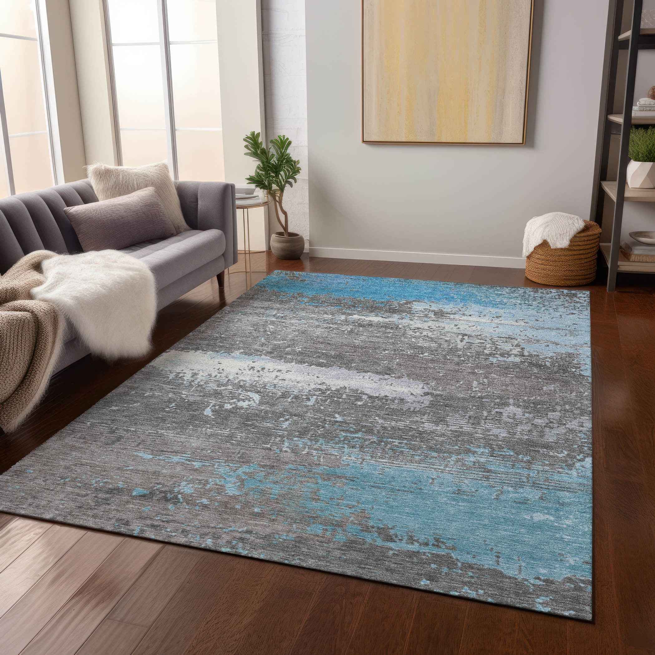 3' X 5' Teal Blue Gray And Silver Abstract Washable Indoor Outdoor Area Rug