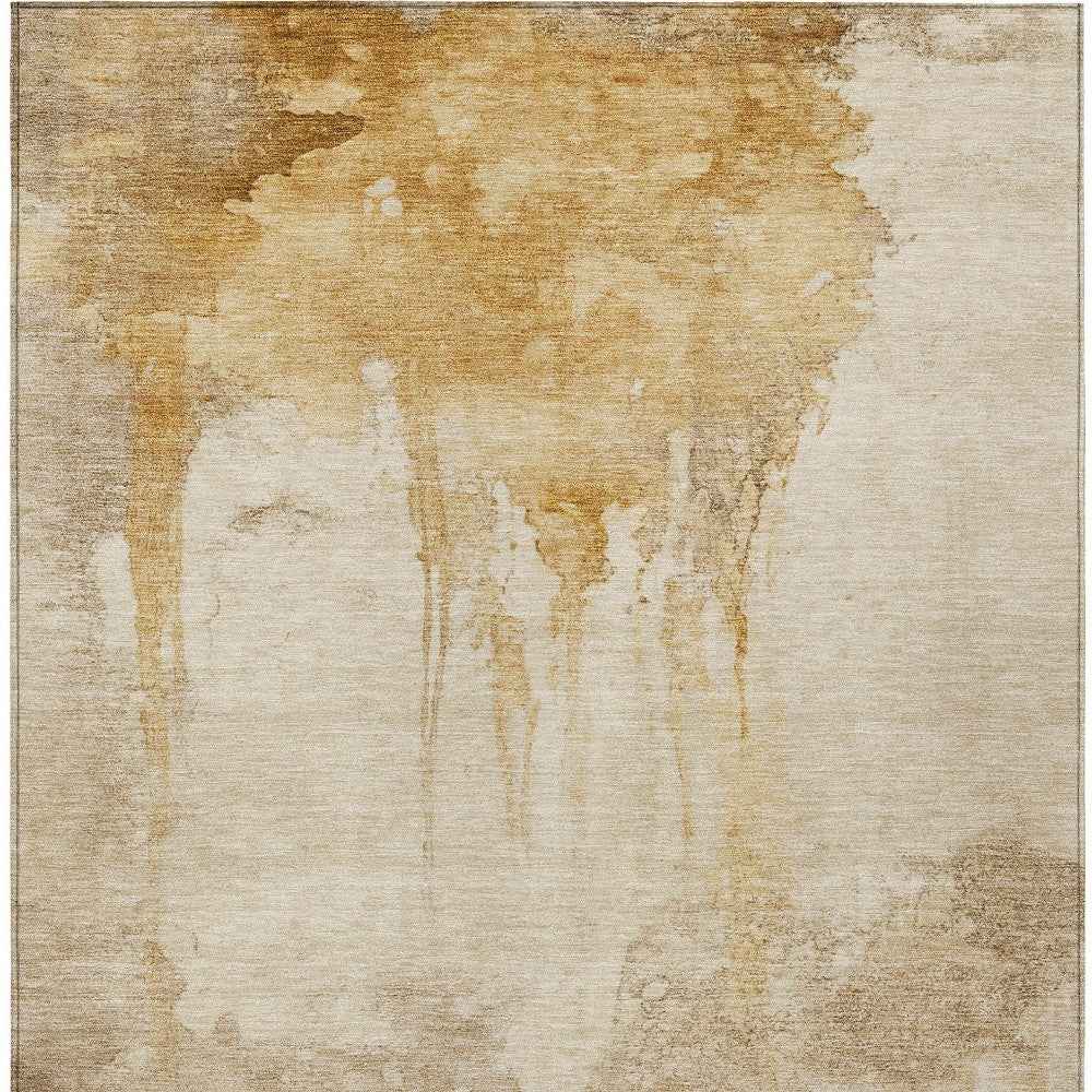 9' X 12' Gold And Beige Abstract Washable Indoor Outdoor Area Rug