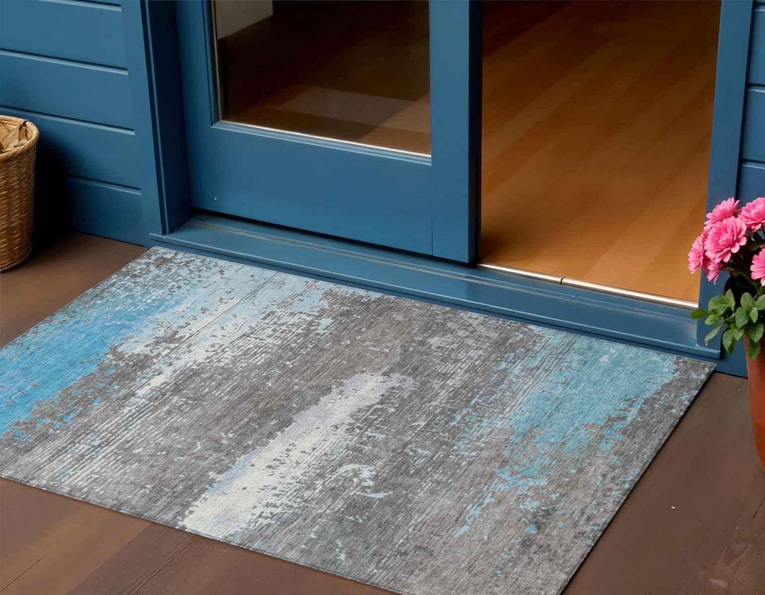 3' X 5' Teal Blue Gray And Silver Abstract Washable Indoor Outdoor Area Rug