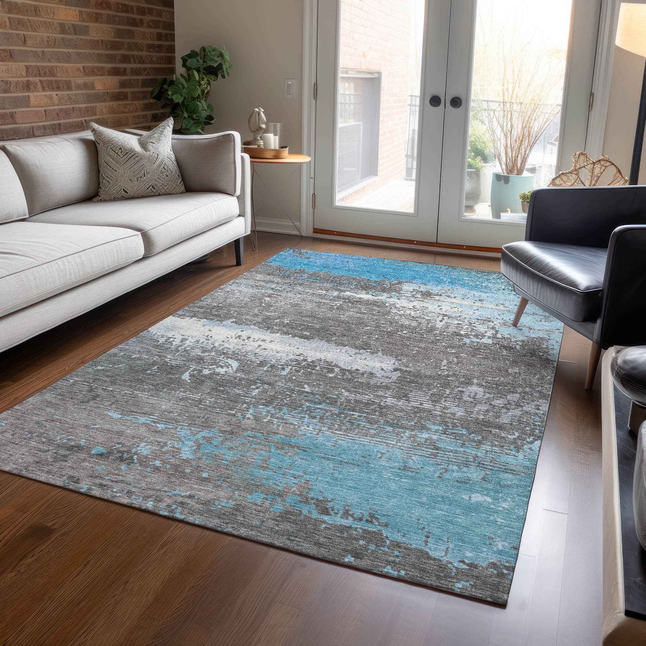 3' X 5' Teal Blue Gray And Silver Abstract Washable Indoor Outdoor Area Rug