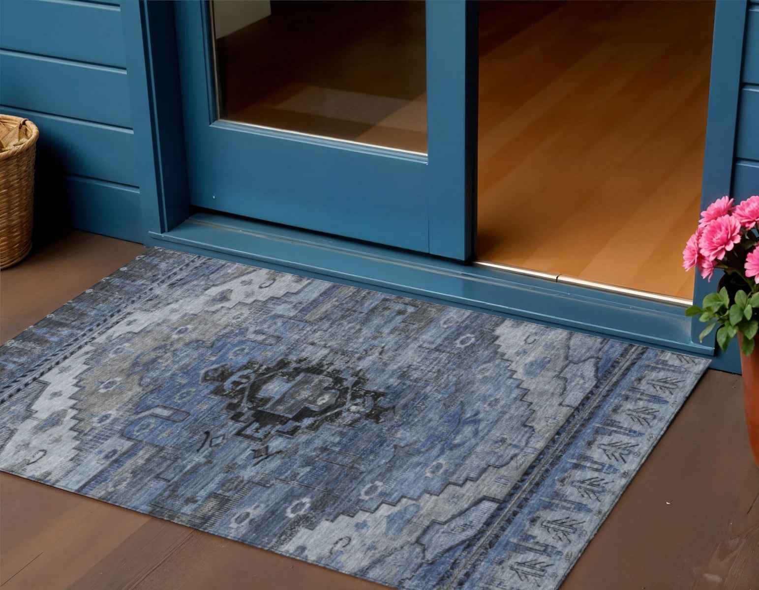 3' X 5' Blue Ivory And Gray Tribal Washable Indoor Outdoor Area Rug