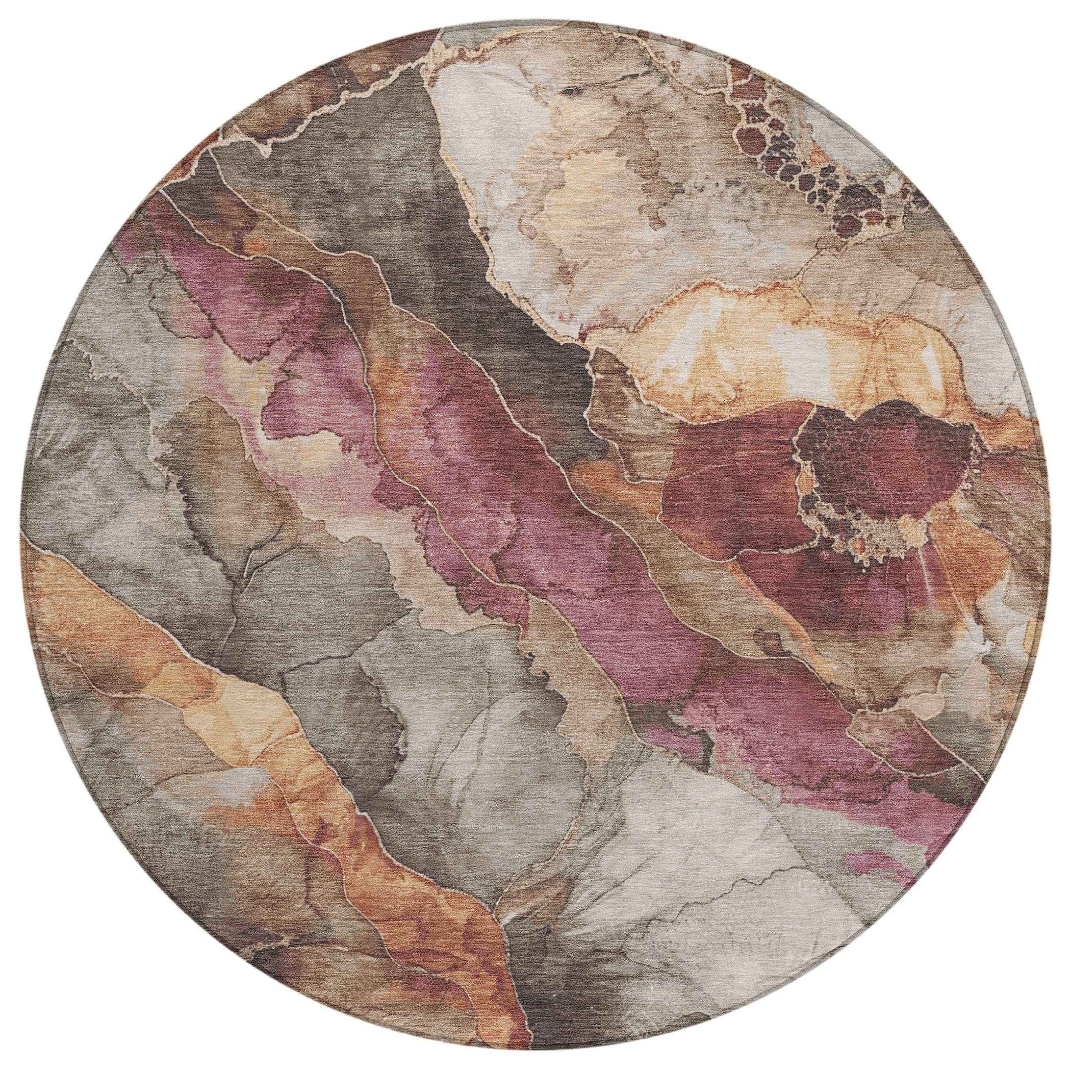 8' Khaki And Blush Round Floral Washable Indoor Outdoor Area Rug