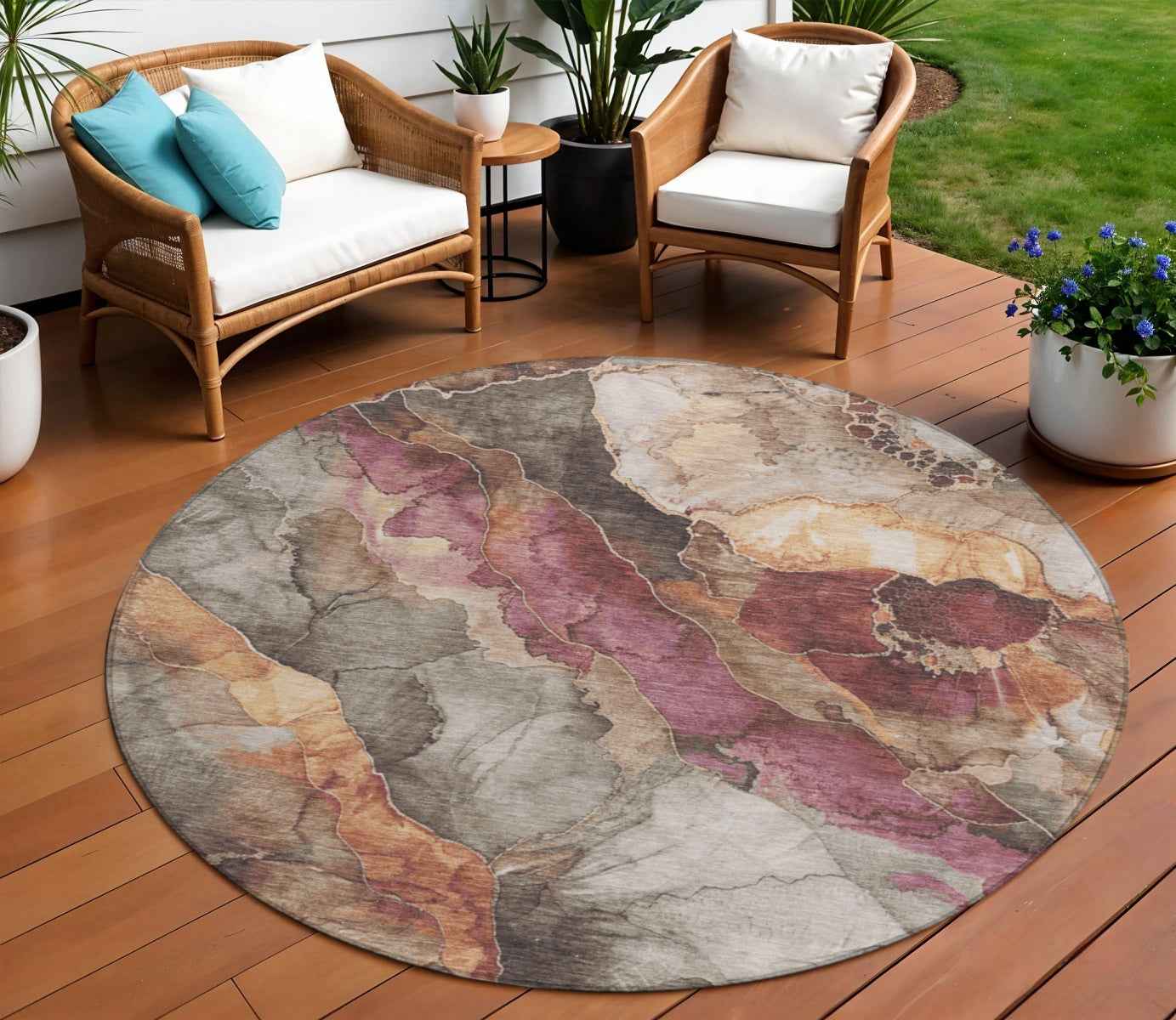 8' Khaki And Blush Round Floral Washable Indoor Outdoor Area Rug