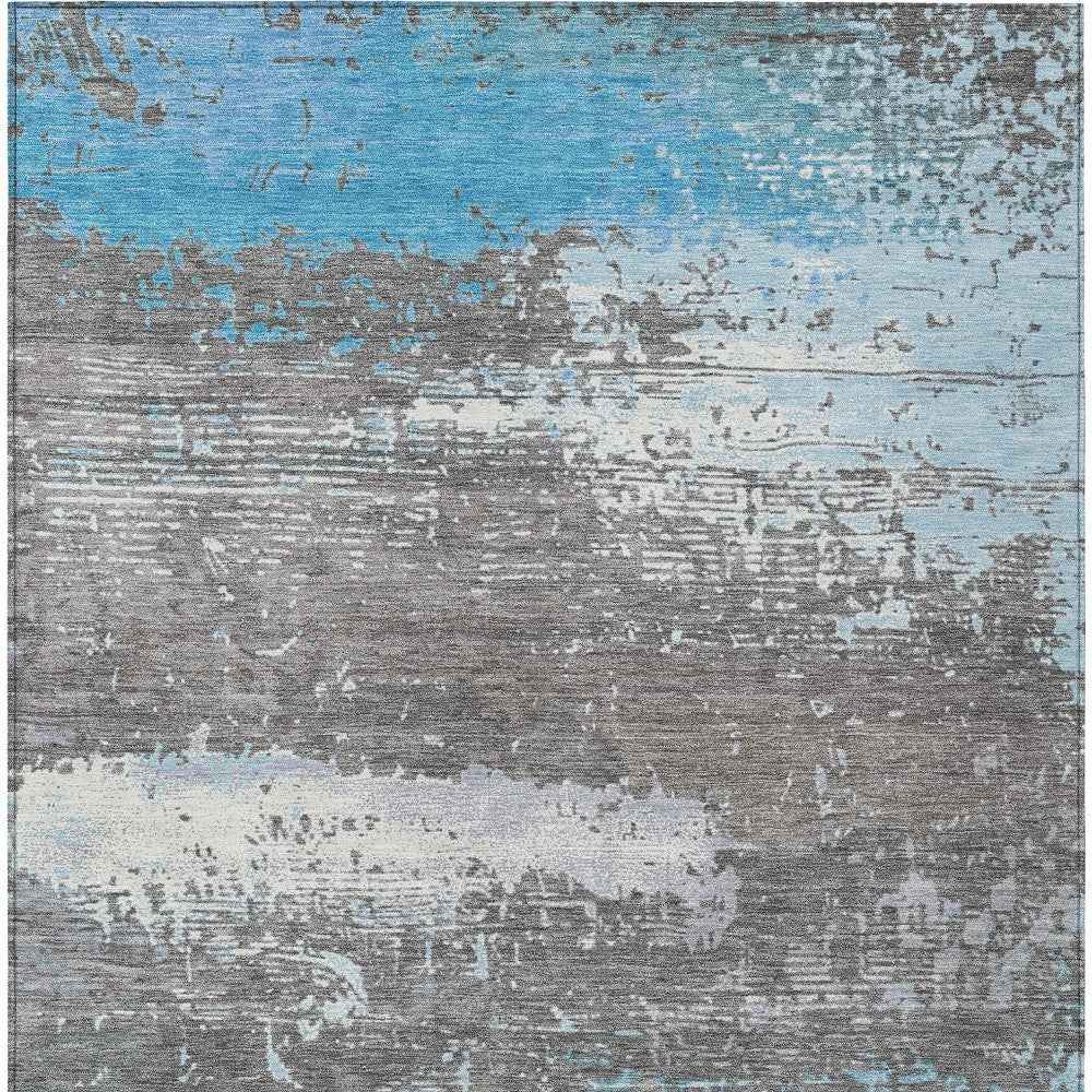 10' X 14' Teal Blue Gray And Silver Abstract Washable Indoor Outdoor Area Rug