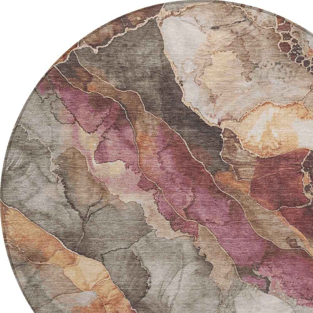 8' Khaki And Blush Round Floral Washable Indoor Outdoor Area Rug