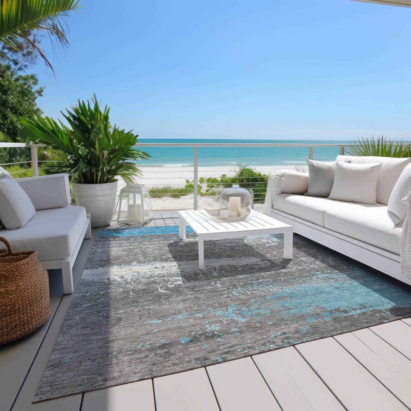 10' X 14' Teal Blue Gray And Silver Abstract Washable Indoor Outdoor Area Rug