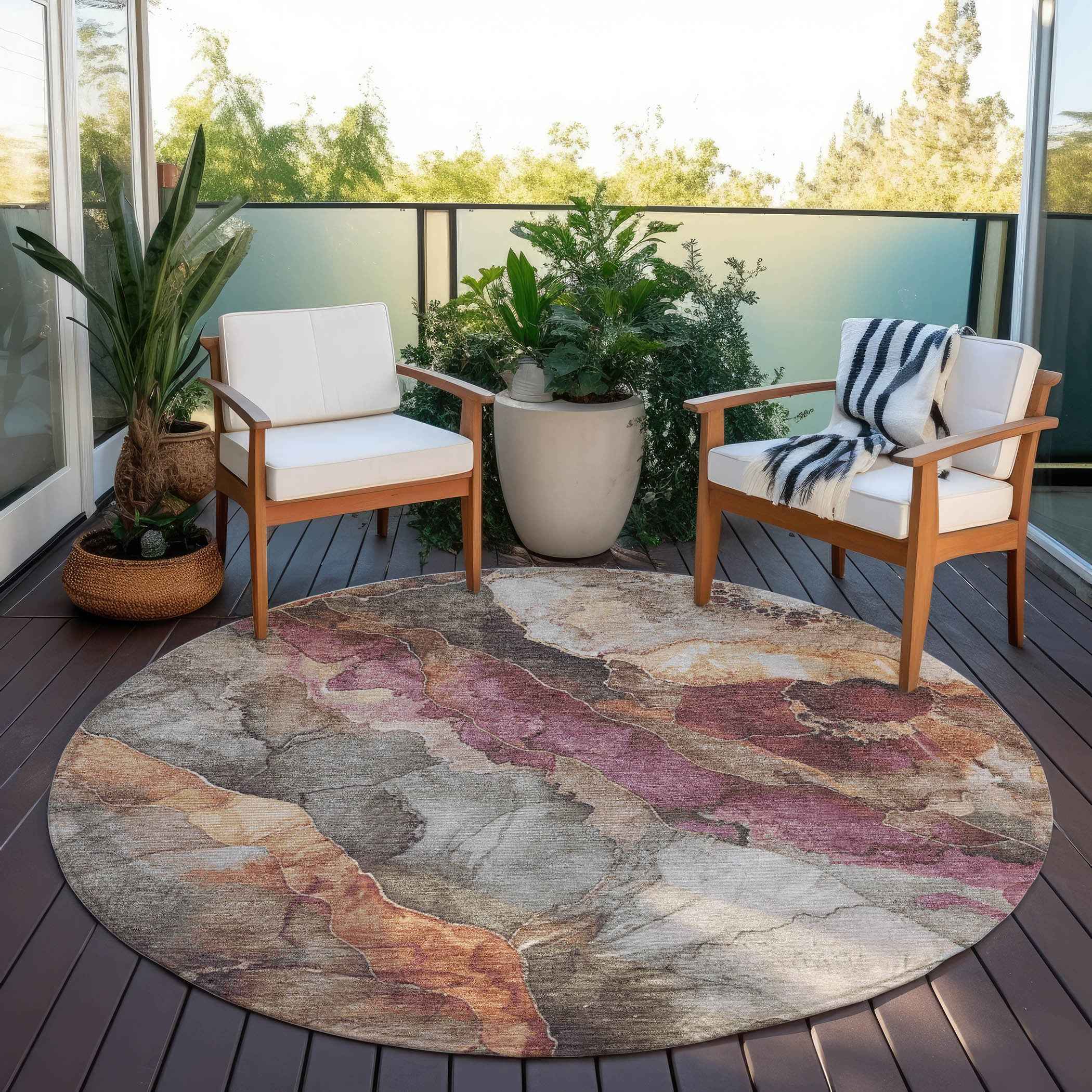 8' Khaki And Blush Round Floral Washable Indoor Outdoor Area Rug