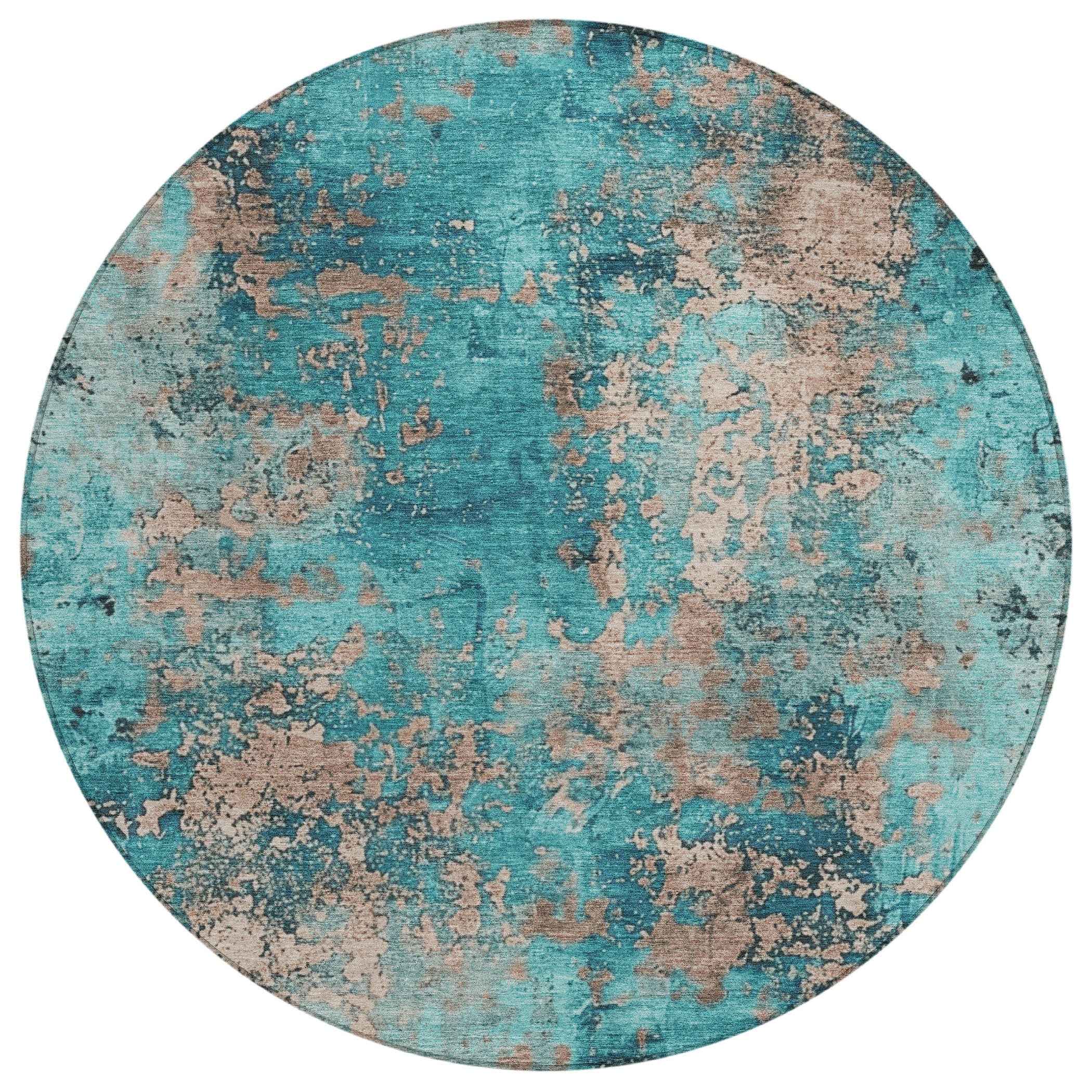 8' Teal Blue And Beige Round Abstract Washable Indoor Outdoor Area Rug