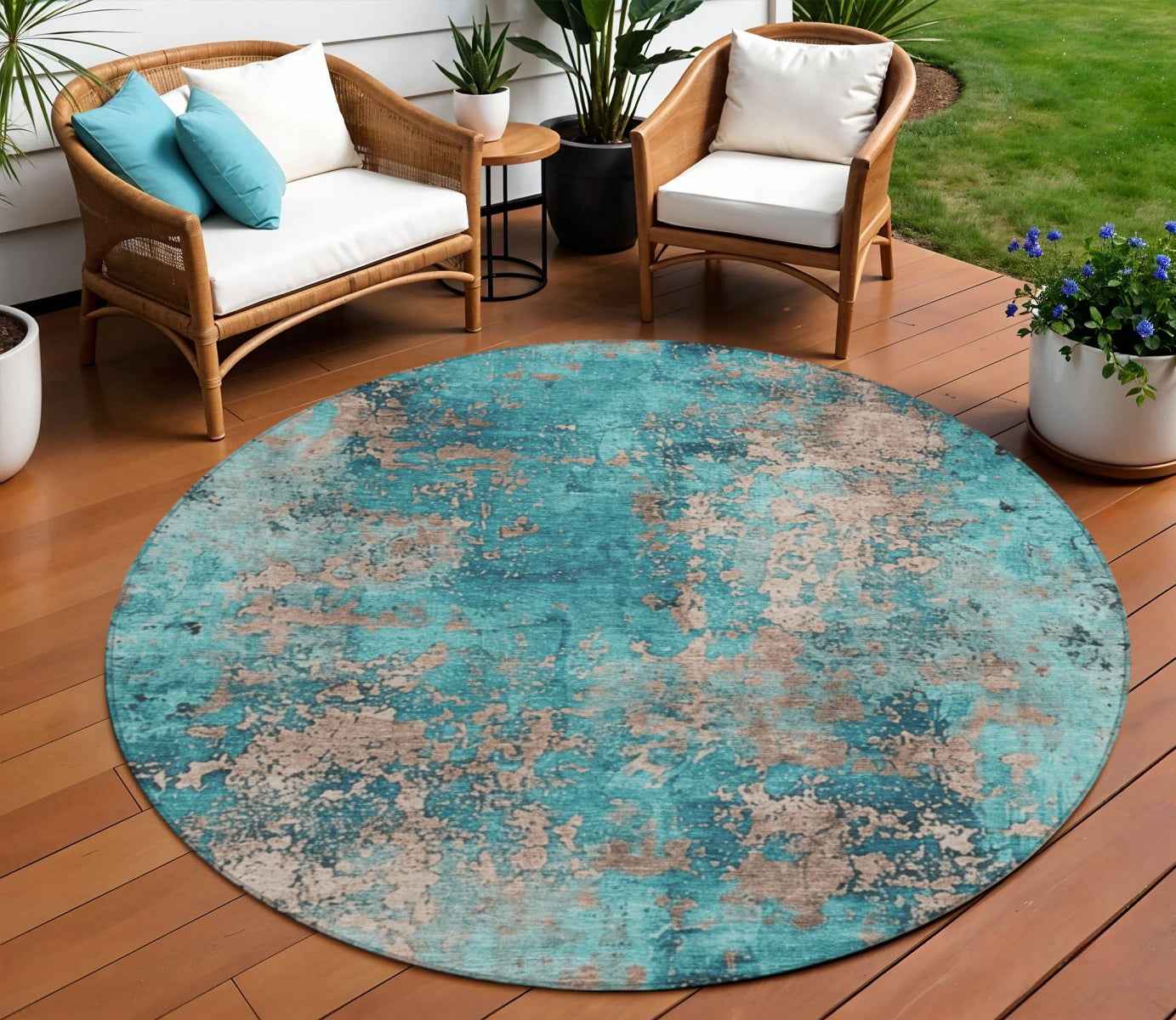 8' Teal Blue And Beige Round Abstract Washable Indoor Outdoor Area Rug