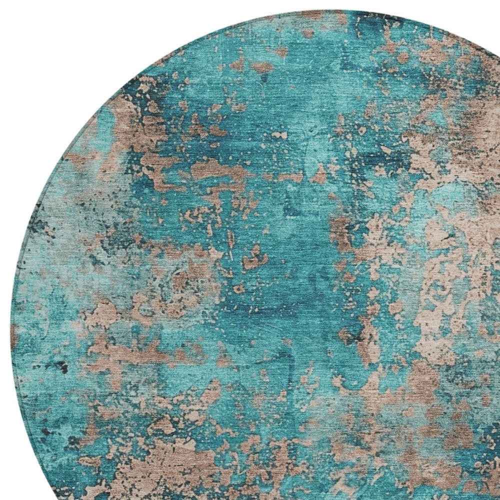 8' Teal Blue And Beige Round Abstract Washable Indoor Outdoor Area Rug