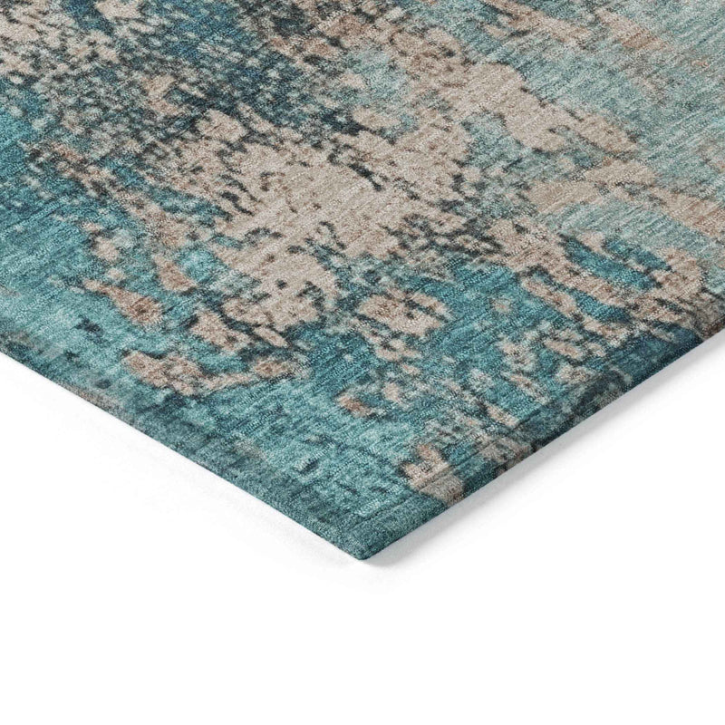 8' Teal Blue And Beige Round Abstract Washable Indoor Outdoor Area Rug