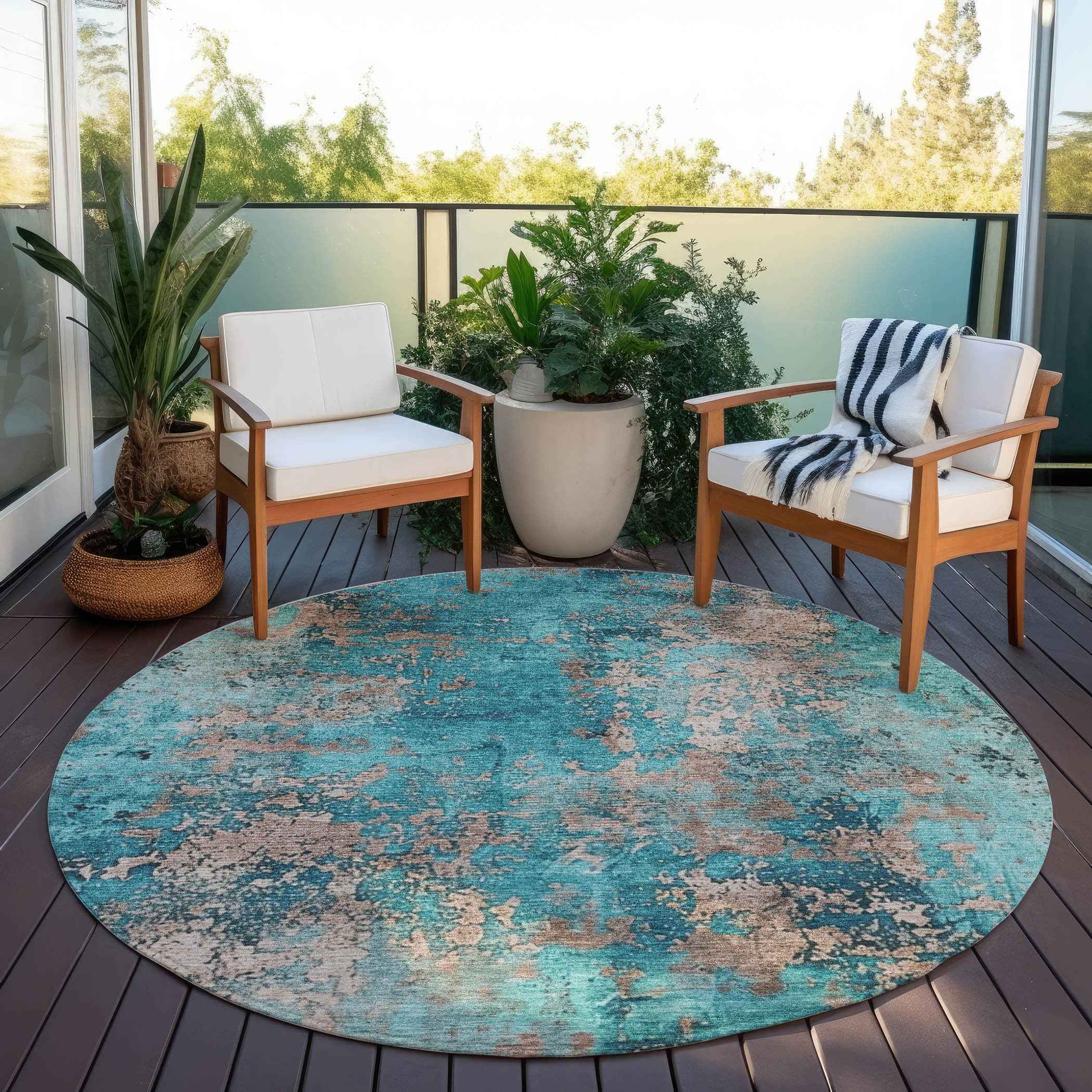 8' Teal Blue And Beige Round Abstract Washable Indoor Outdoor Area Rug