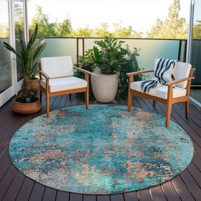 8' Teal Blue And Beige Round Abstract Washable Indoor Outdoor Area Rug