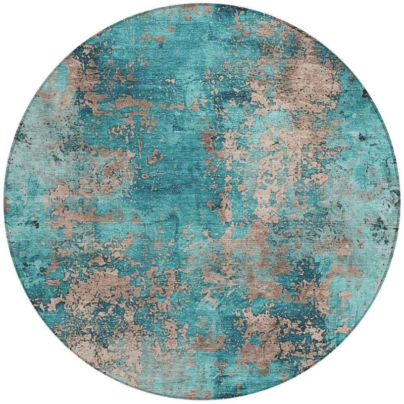 8' Teal Blue And Beige Round Abstract Washable Indoor Outdoor Area Rug