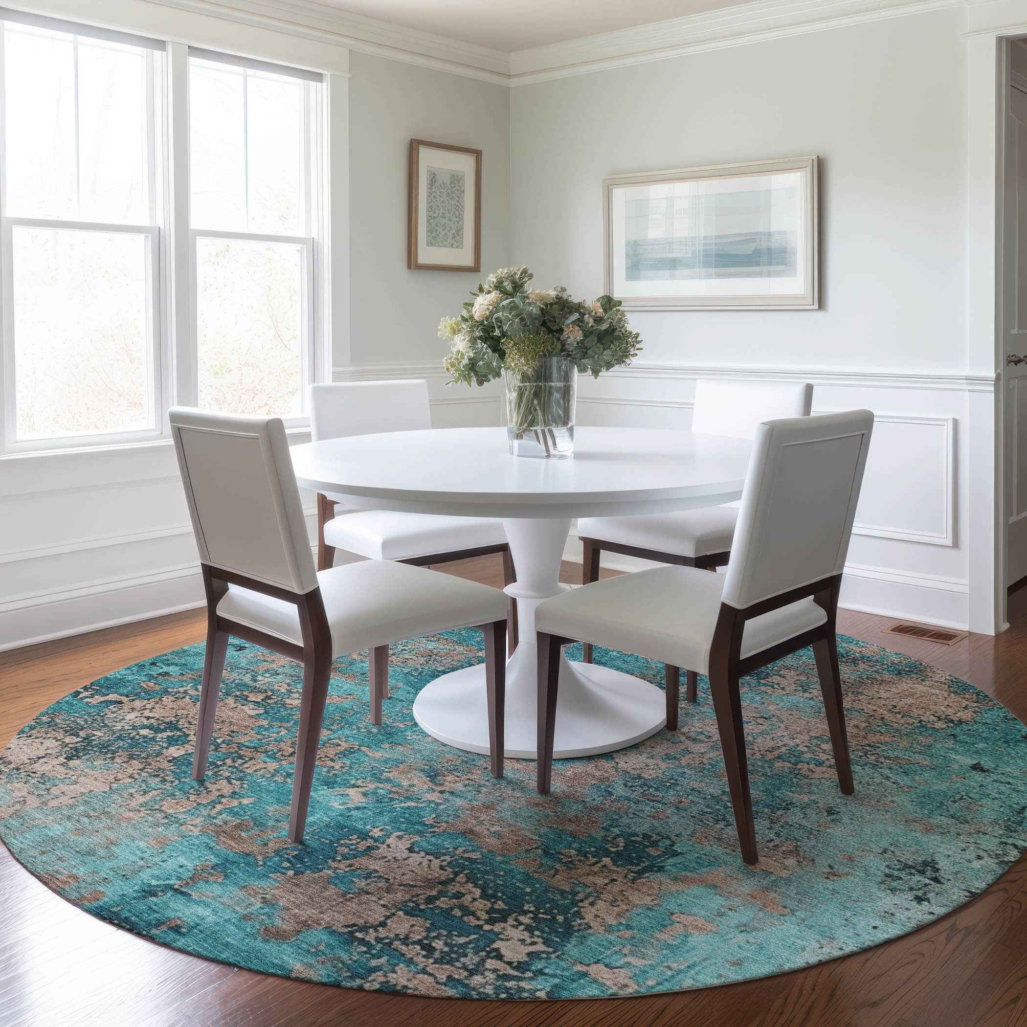 8' Teal Blue And Beige Round Abstract Washable Indoor Outdoor Area Rug