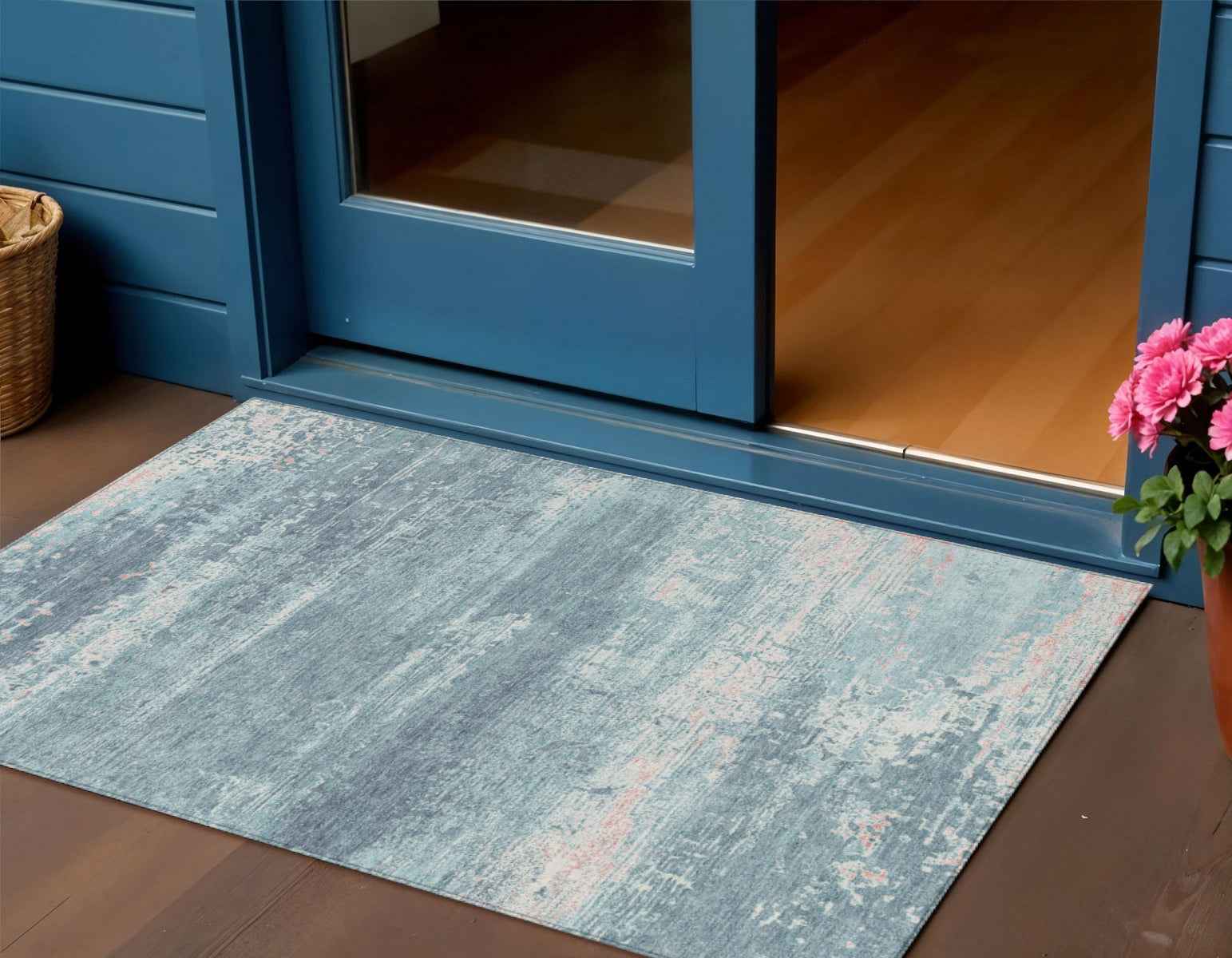 3' X 5' Teal Blue And Ivory Abstract Washable Indoor Outdoor Area Rug