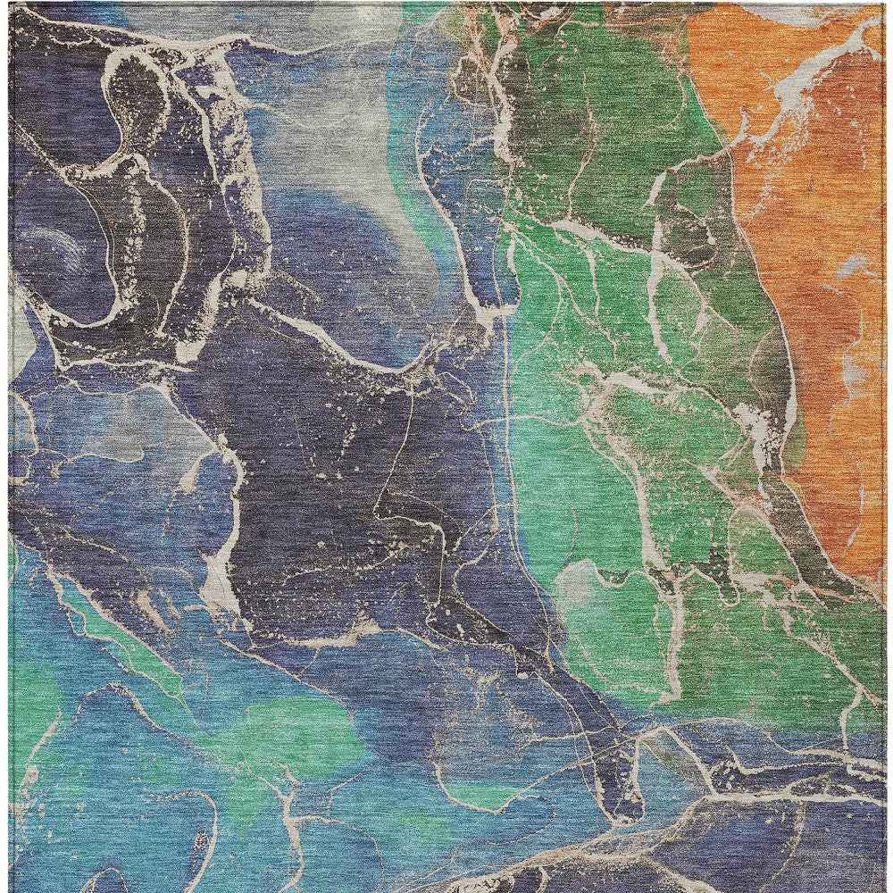 8' X 10' Blue Green And Orange Abstract Washable Indoor Outdoor Area Rug