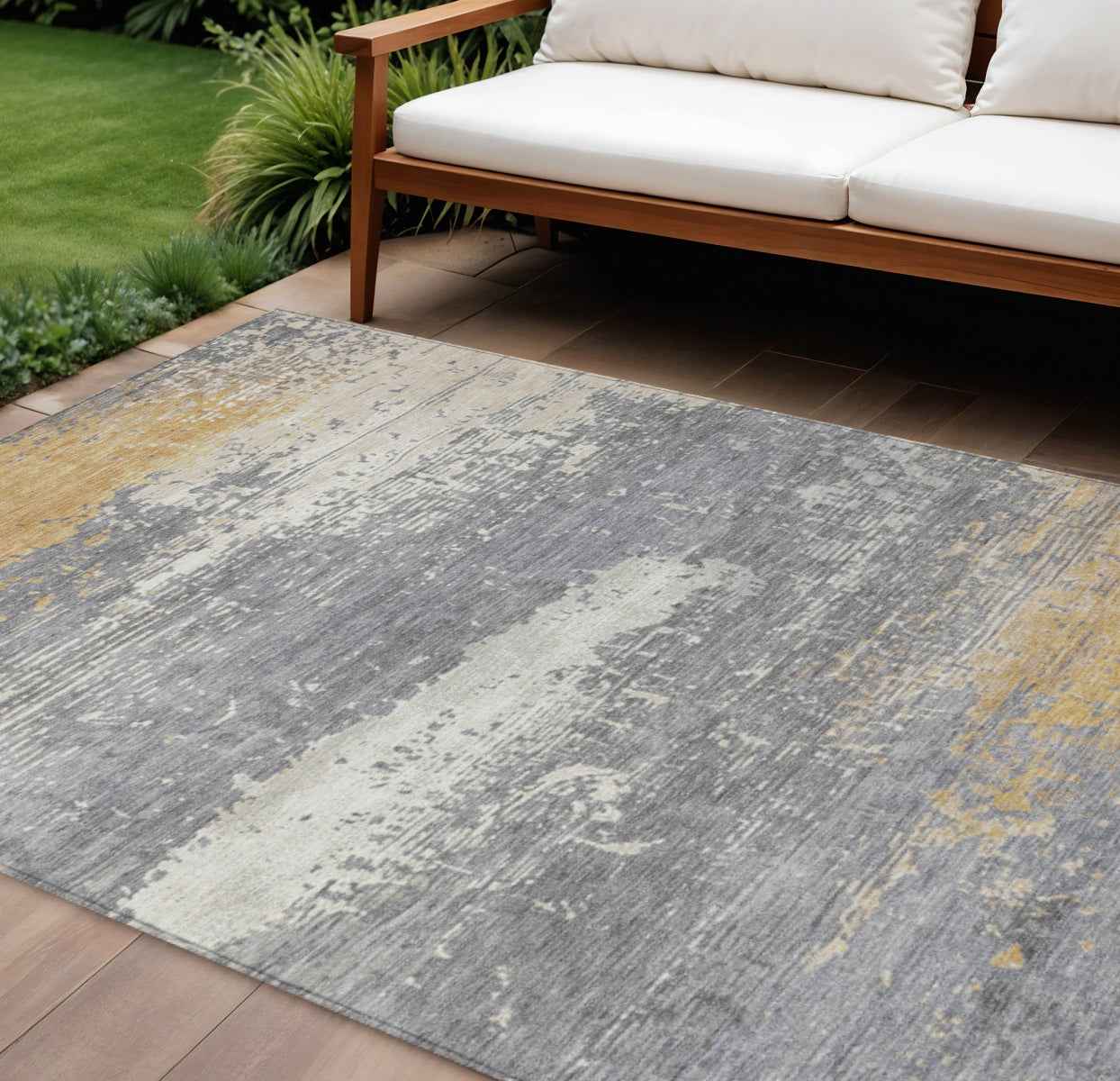 8' X 10' Gold Gray And Silver Abstract Washable Indoor Outdoor Area Rug