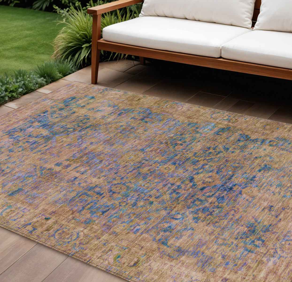 9' X 12' Navy Blue And Gold Abstract Washable Indoor Outdoor Area Rug