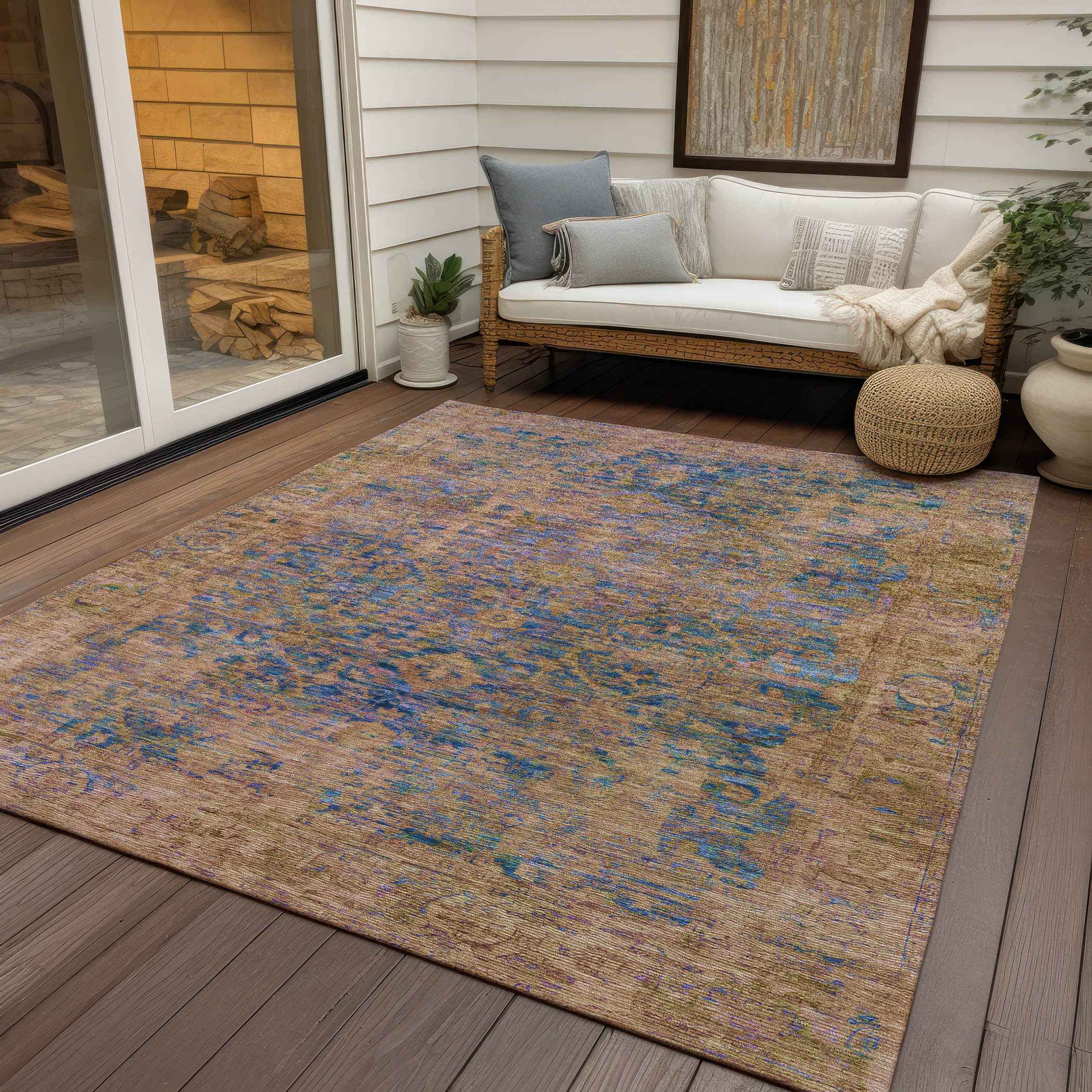 9' X 12' Navy Blue And Gold Abstract Washable Indoor Outdoor Area Rug