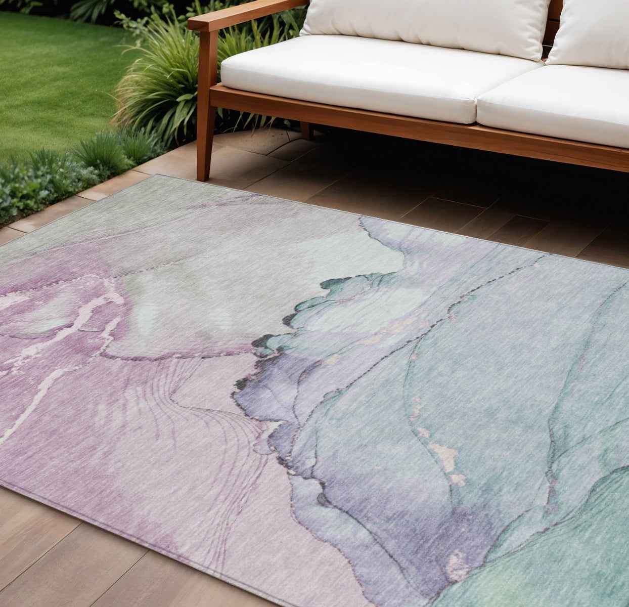 8' X 10' Pale Aqua And Lavender Abstract Washable Indoor Outdoor Area Rug