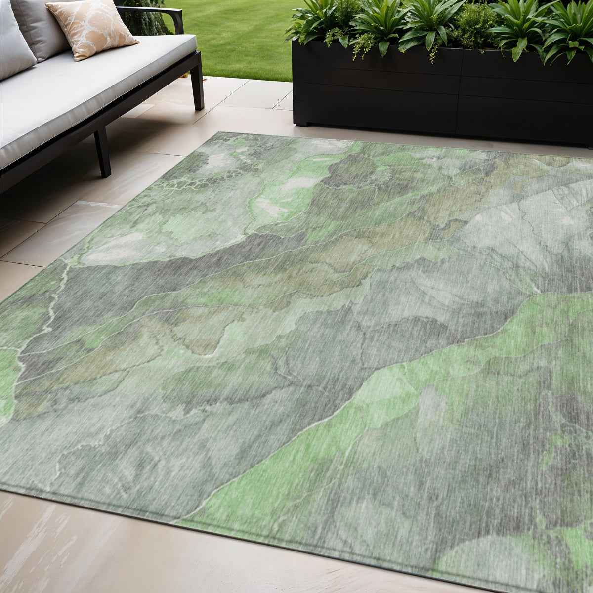 5' X 8' Green And Gray Floral Washable Indoor Outdoor Area Rug