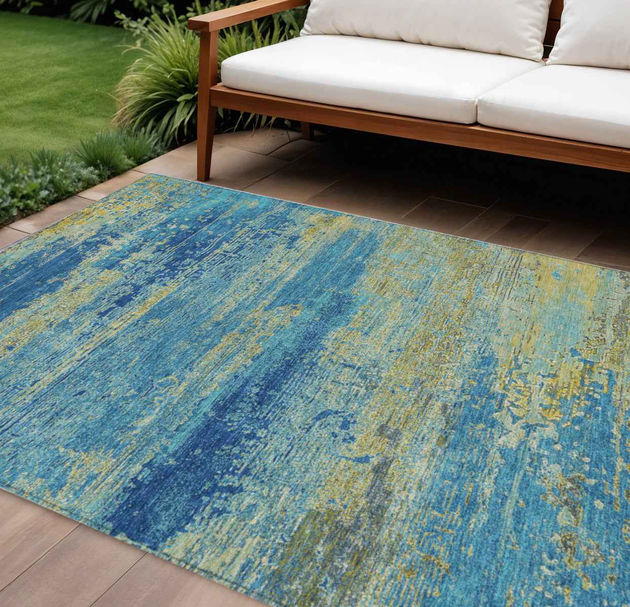 8' X 10' Navy Blue Sky Blue And Olive Green Abstract Washable Indoor Outdoor Area Rug