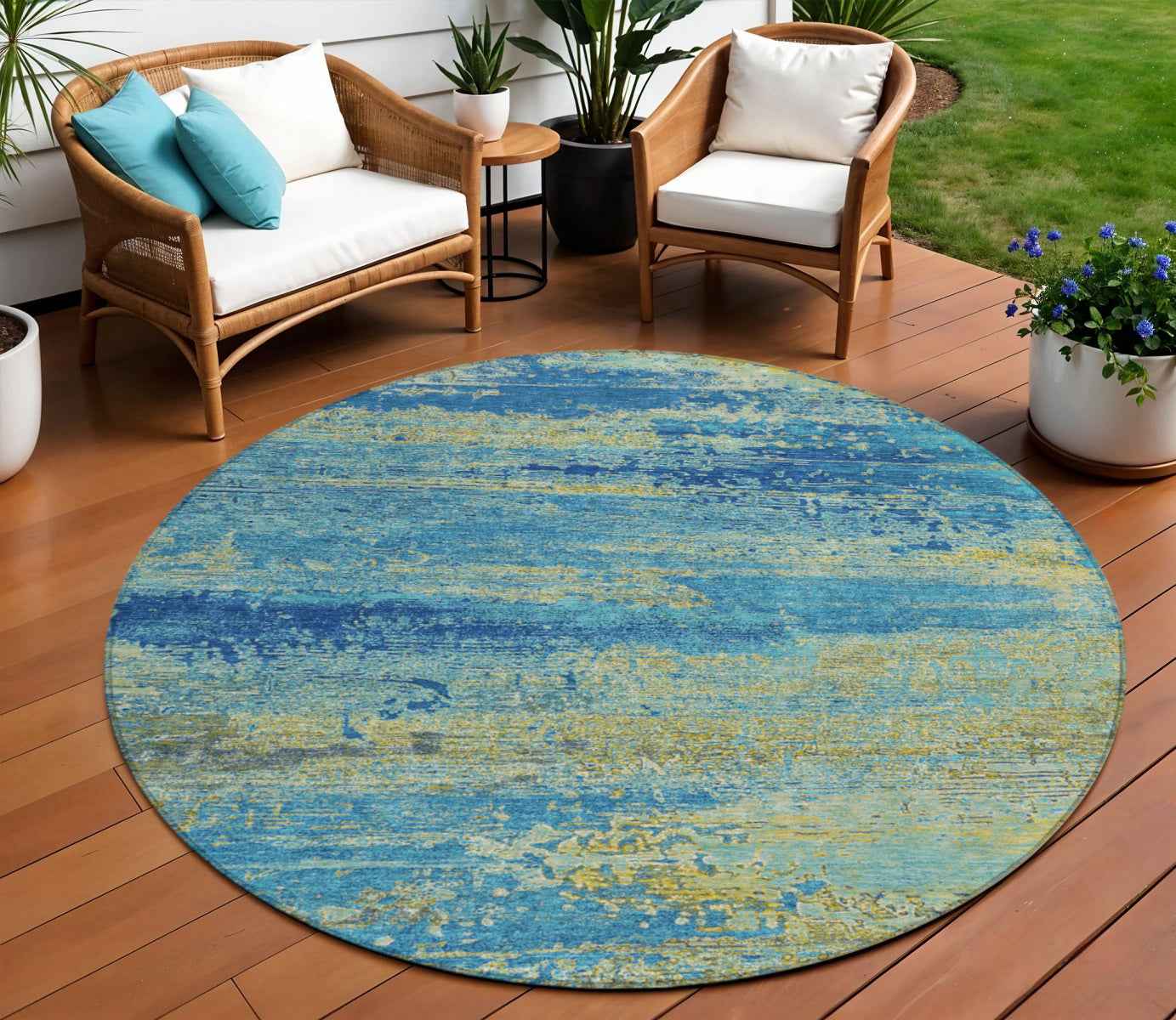 8' Navy Blue Sky Blue And Olive Green Round Abstract Washable Indoor Outdoor Area Rug