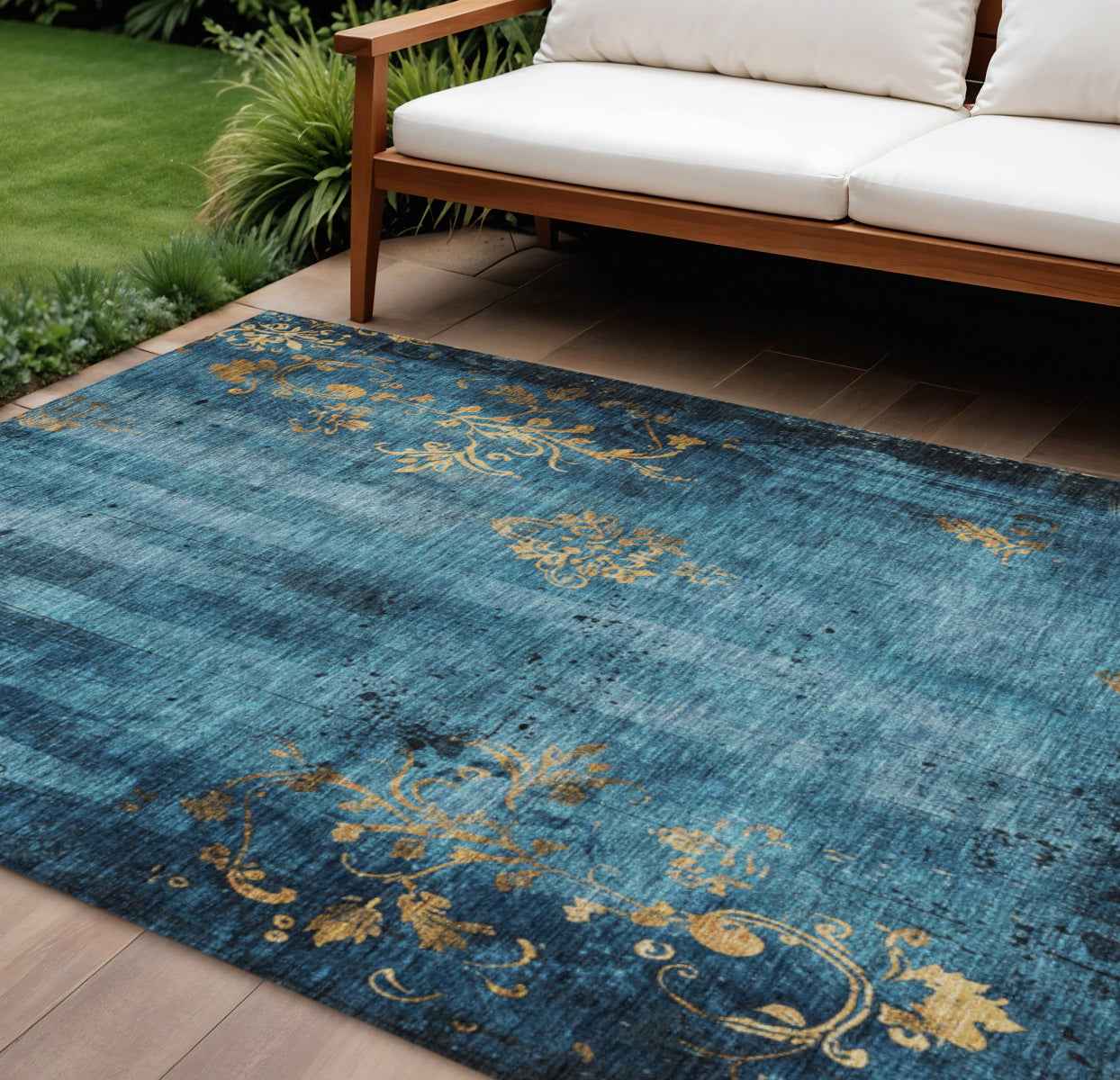 8' X 10' Blue And Gold Floral Washable Indoor Outdoor Area Rug