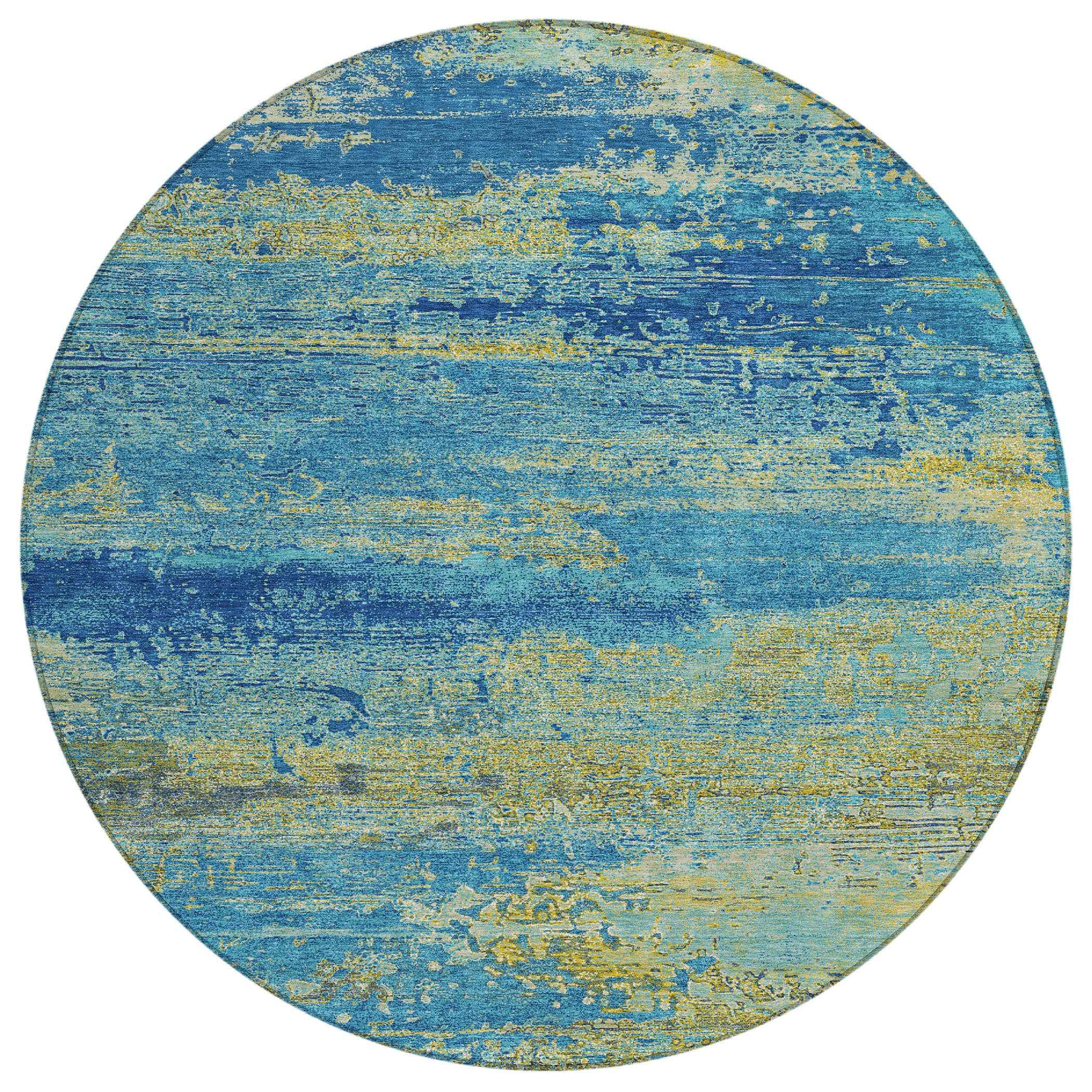 8' Navy Blue Sky Blue And Olive Green Round Abstract Washable Indoor Outdoor Area Rug