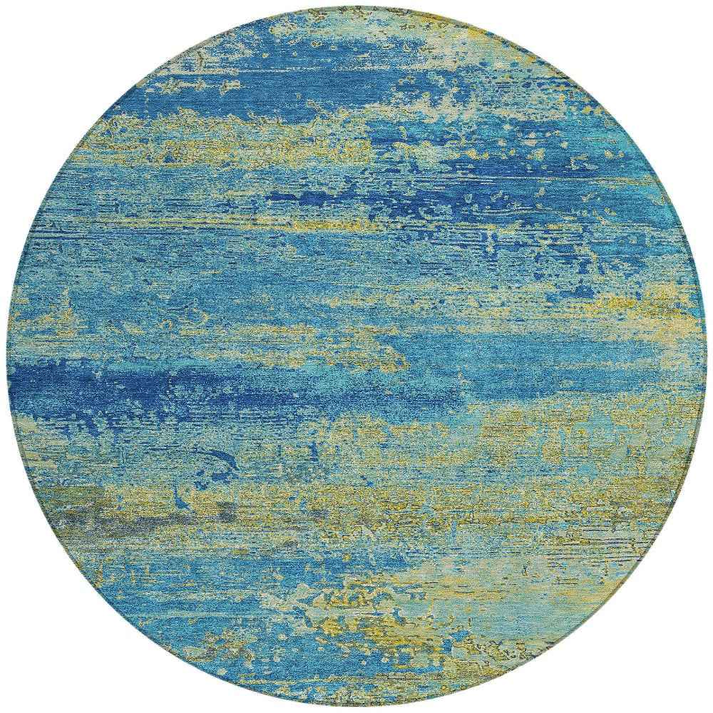 8' Navy Blue Sky Blue And Olive Green Round Abstract Washable Indoor Outdoor Area Rug