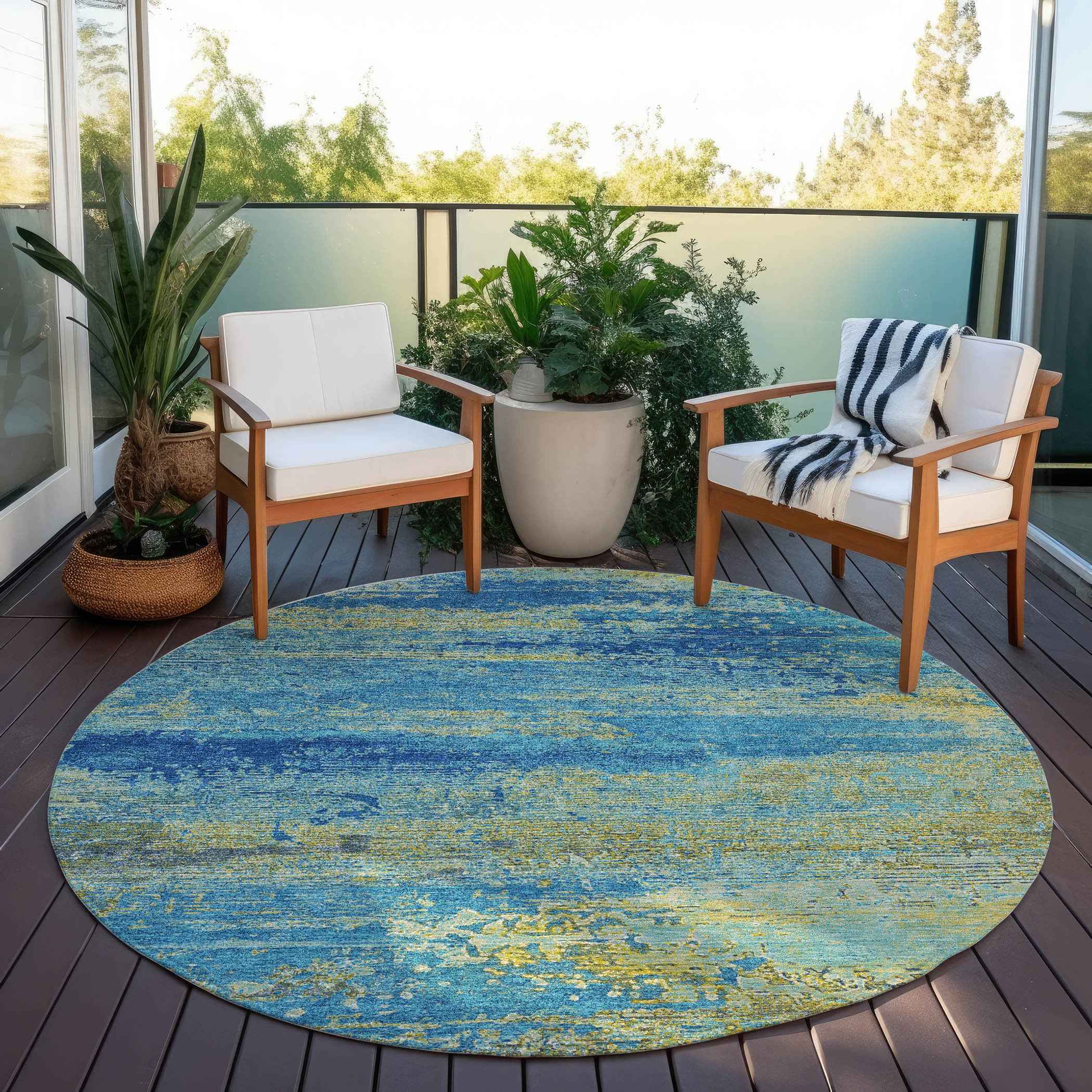 8' Navy Blue Sky Blue And Olive Green Round Abstract Washable Indoor Outdoor Area Rug