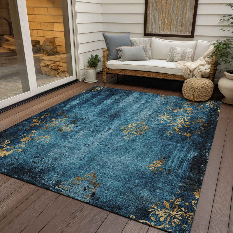 8' X 10' Blue And Gold Floral Washable Indoor Outdoor Area Rug