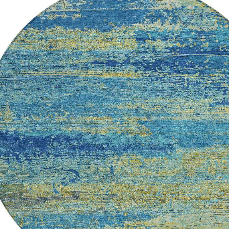 8' Navy Blue Sky Blue And Olive Green Round Abstract Washable Indoor Outdoor Area Rug