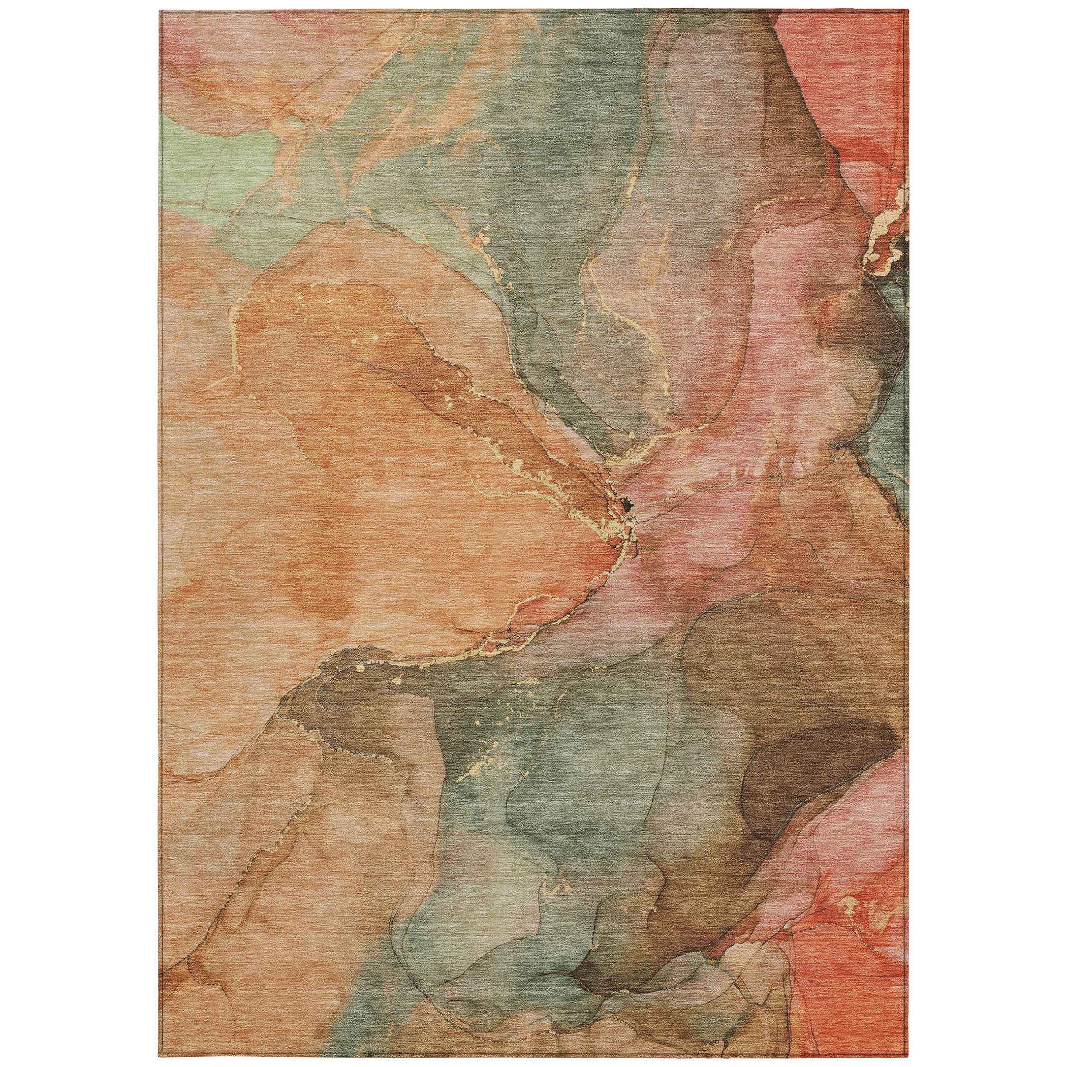 3' X 5' Coral Brown And Mint Green Abstract Washable Indoor Outdoor Area Rug