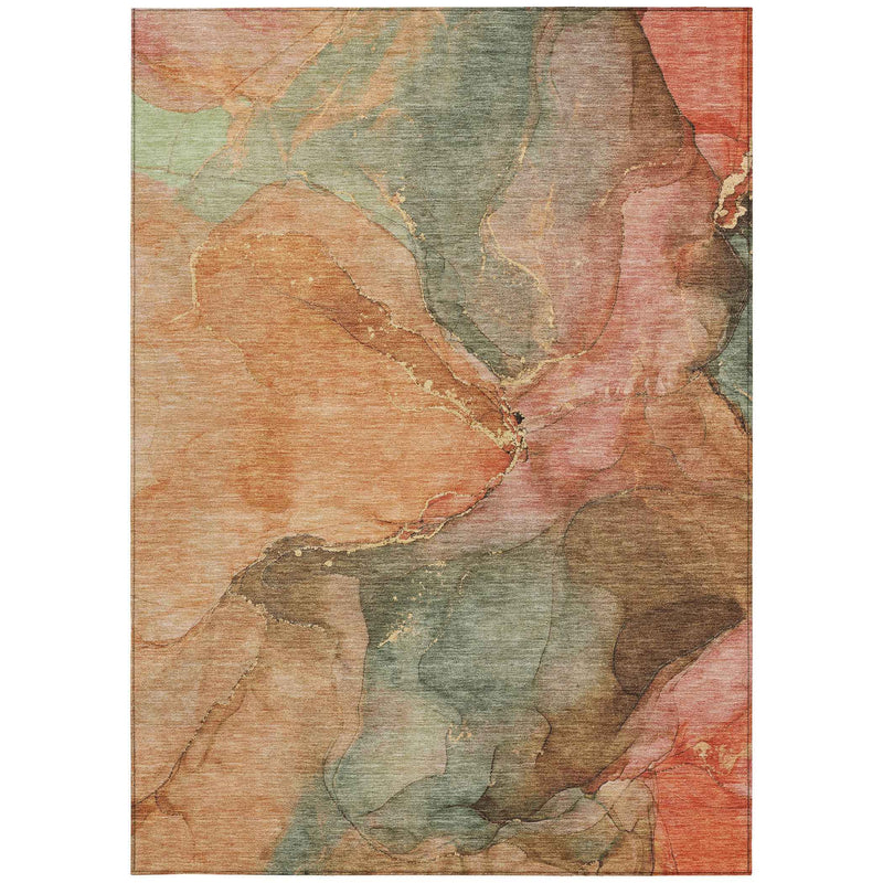 3' X 5' Coral Brown And Mint Green Abstract Washable Indoor Outdoor Area Rug